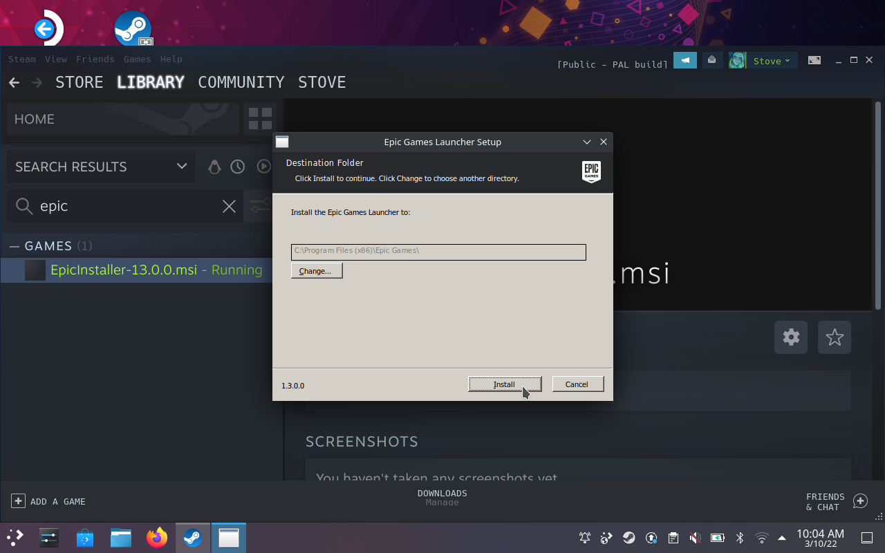 Step 7 of how to install the Epic Games Launcher on the Steam Deck: Closing the properties window and launching the installer through Steam.