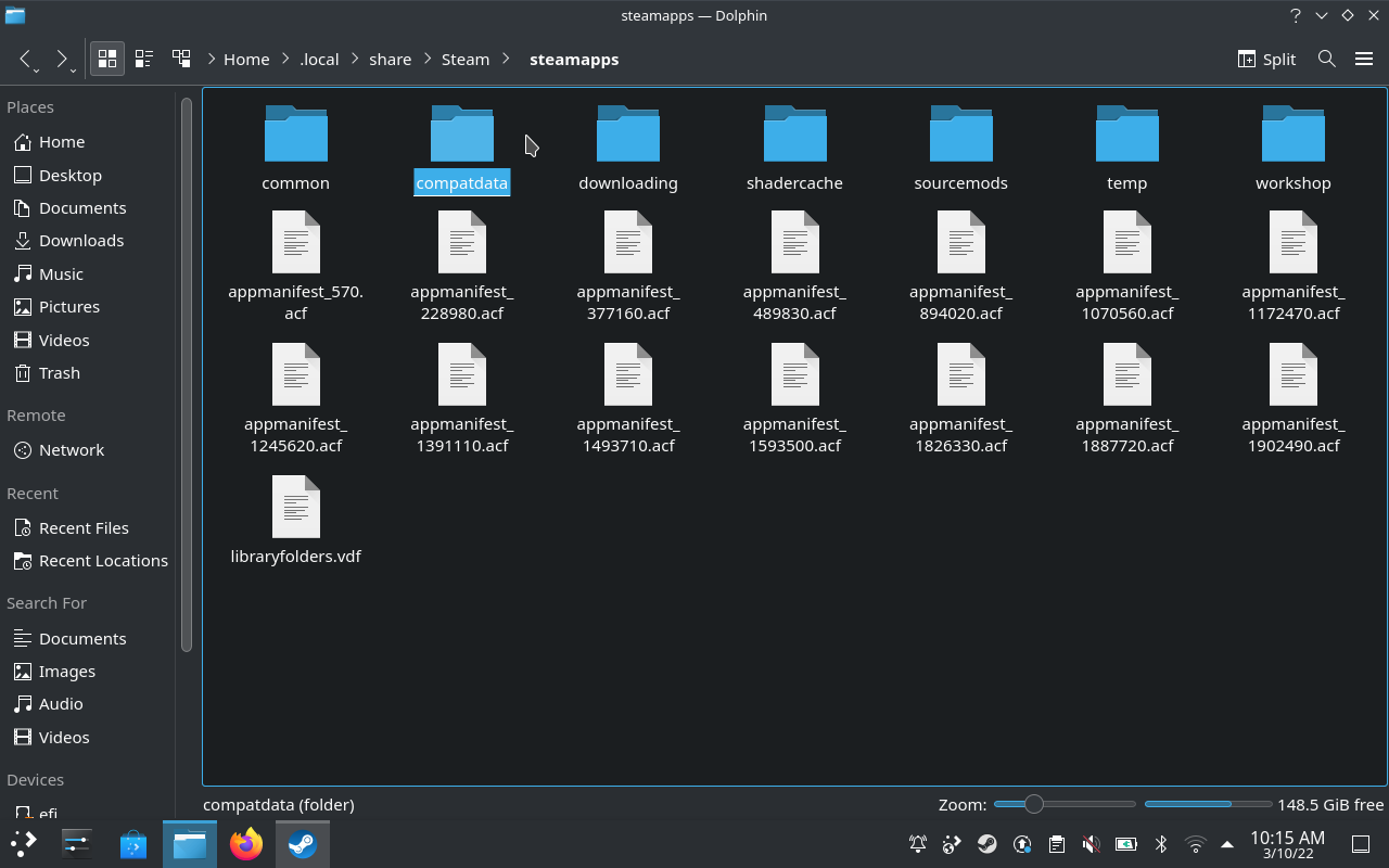 Step 8 of how to install the Epic Games Launcher on the Steam Deck: Finding Steam's compatdata folder using the Dolphin file manager.