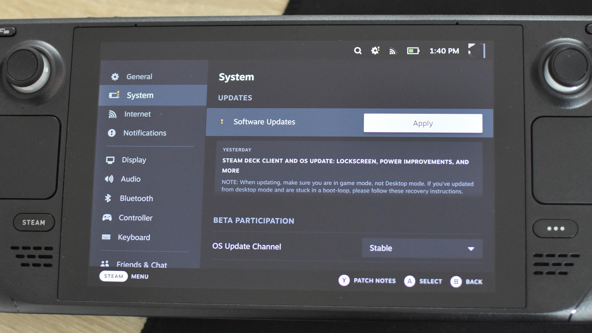 Step 1 of how to set the Steam Deck lock screen: Apply the latest software update in the Steam Deck's System settings.