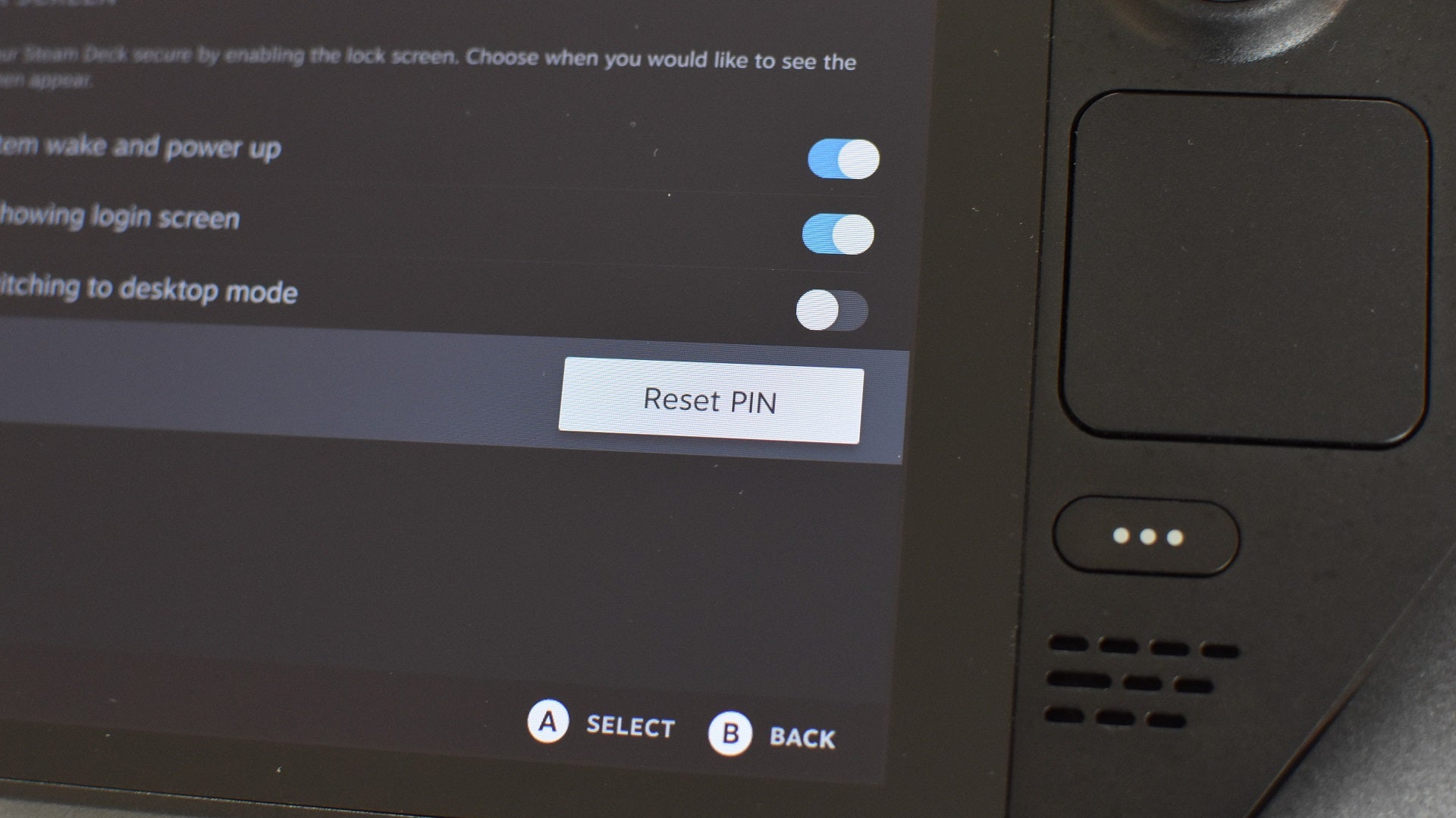 Steg 6 för hur du ställer in Steam Deck-låsskärmen: Du kan återställa din PIN-kod genom att trycka på 