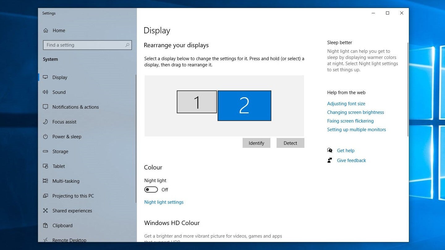 A screenshot of the Display settings menu in Windows 10.