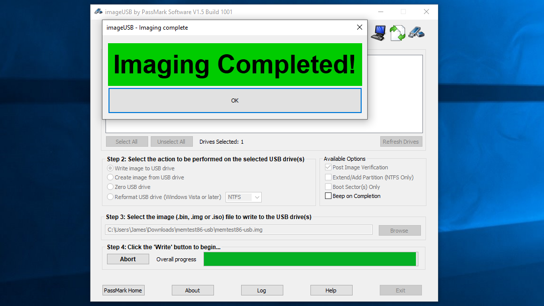 A screenshot of the MemTest86 USB image creation tool, having completed its task.