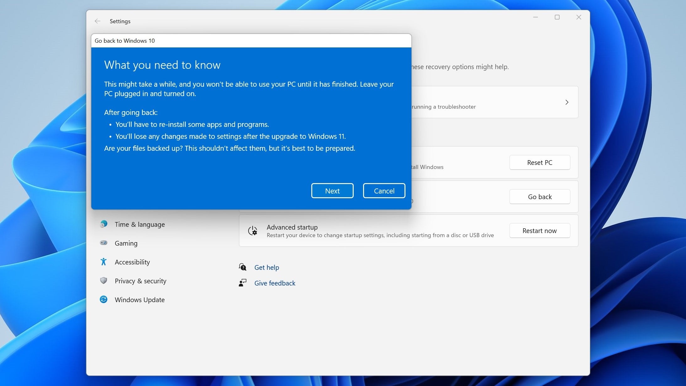 Windows 11 explaining potential steps users may need to take to preserve their files, upon reinstalling Windows 10.