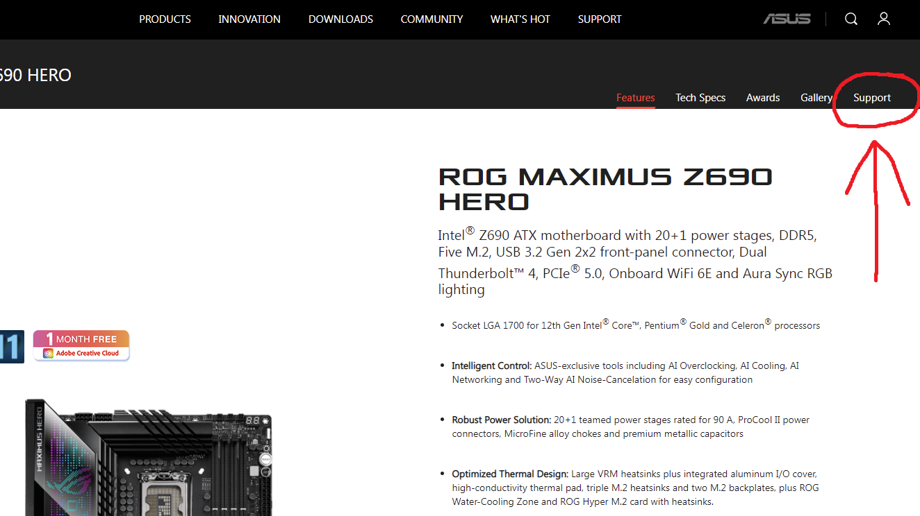 A screenshot of the official Asus ROG Maximus Z690 Hero product page, showing where the Support section is.