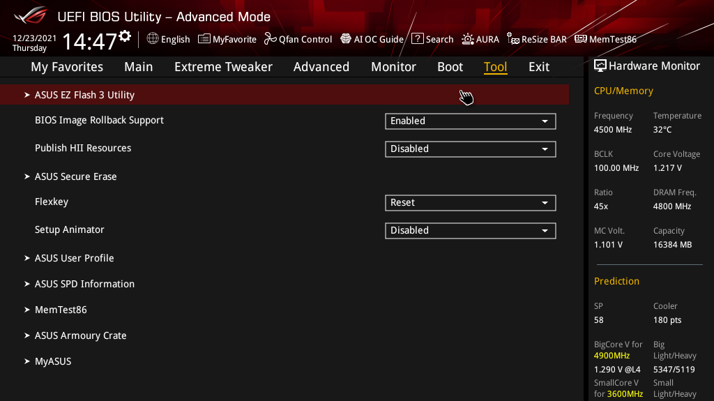 A screenshot of the 'Tool' menu in Asus' UEFI BIOS.