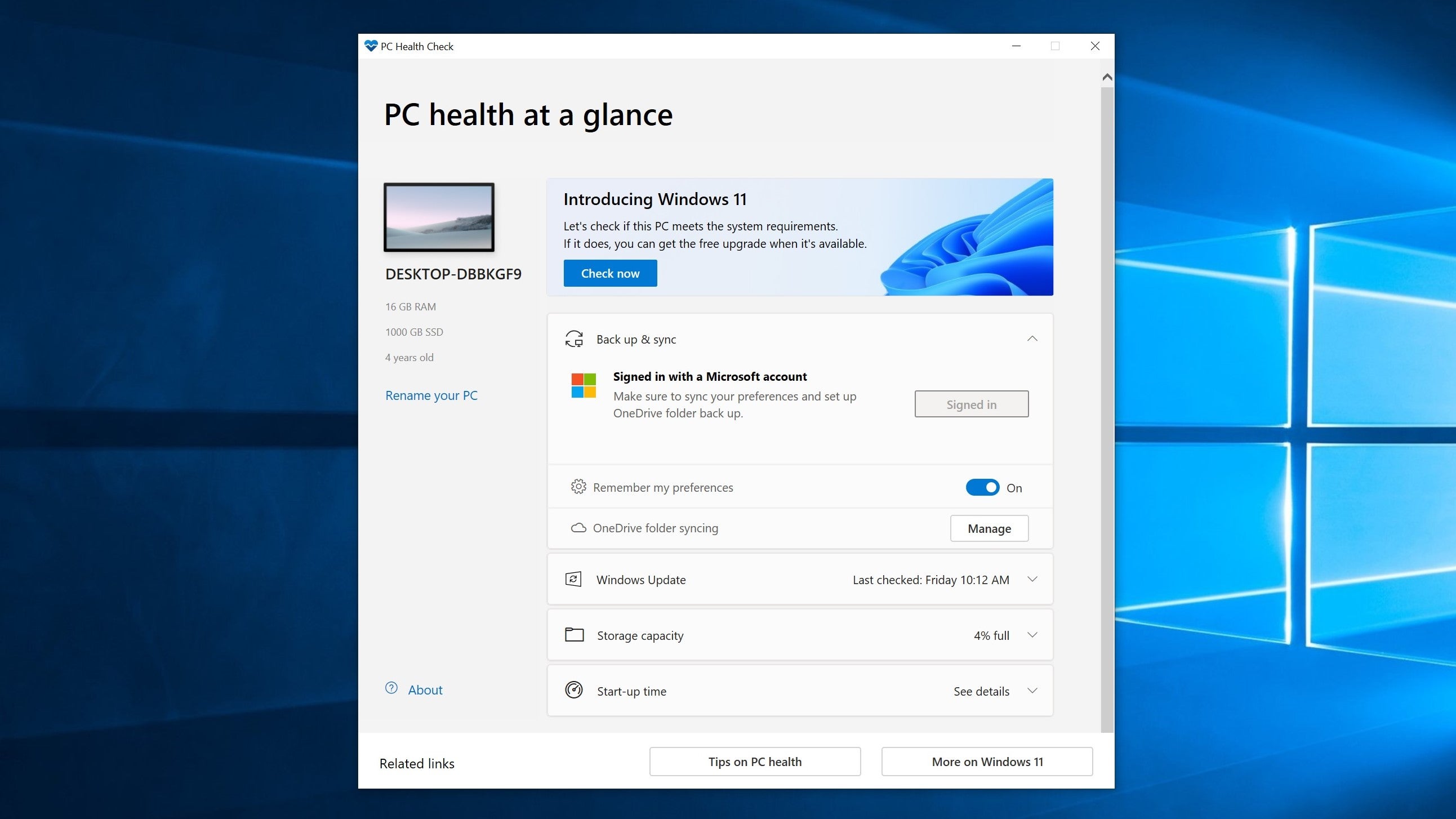 The Windows PC Health Check app showing the PC it's installed on is compatible with Windows 11.