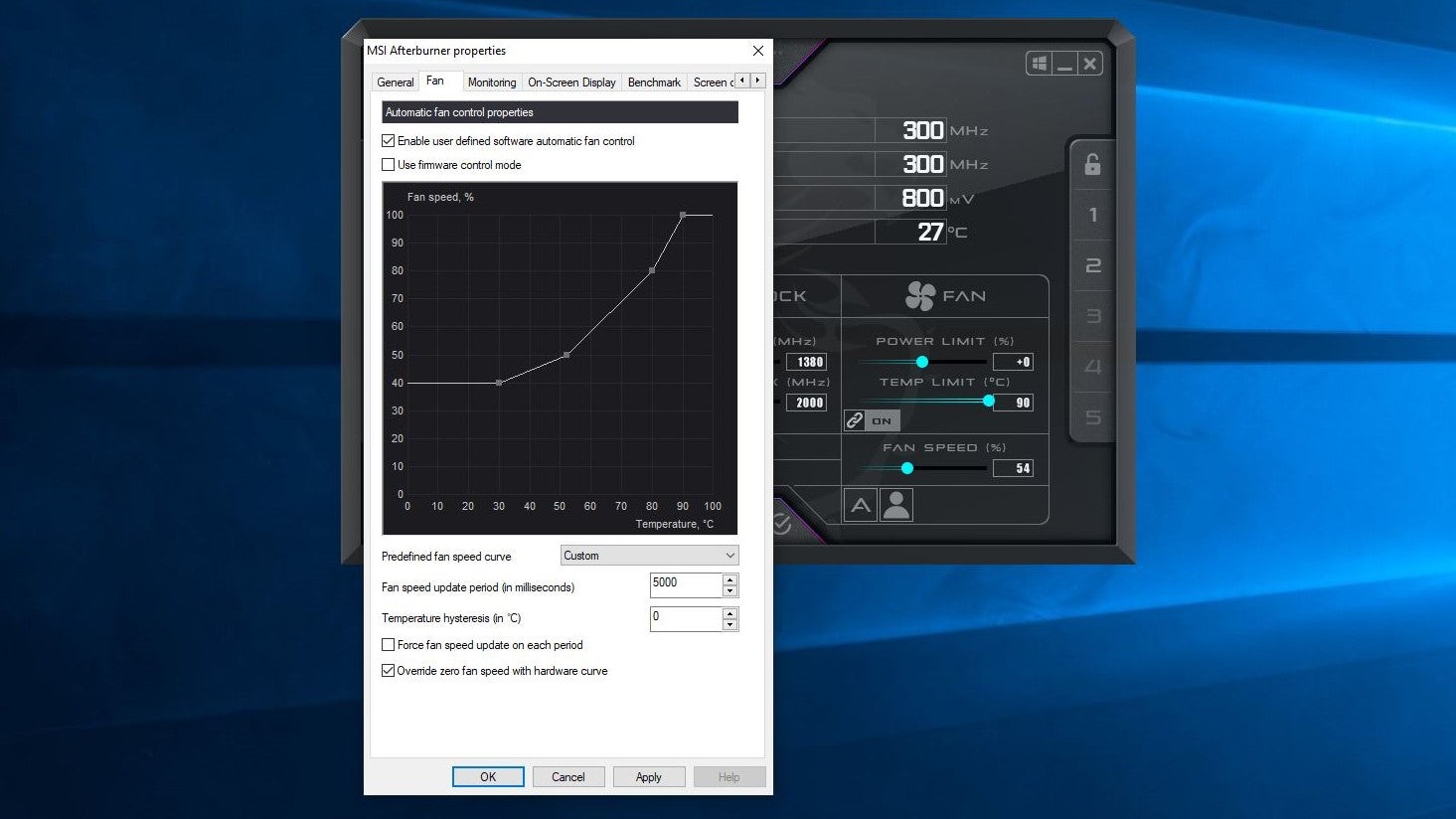 A screenshot of the MSI Afterburner software, showing where to enable manual fan control.