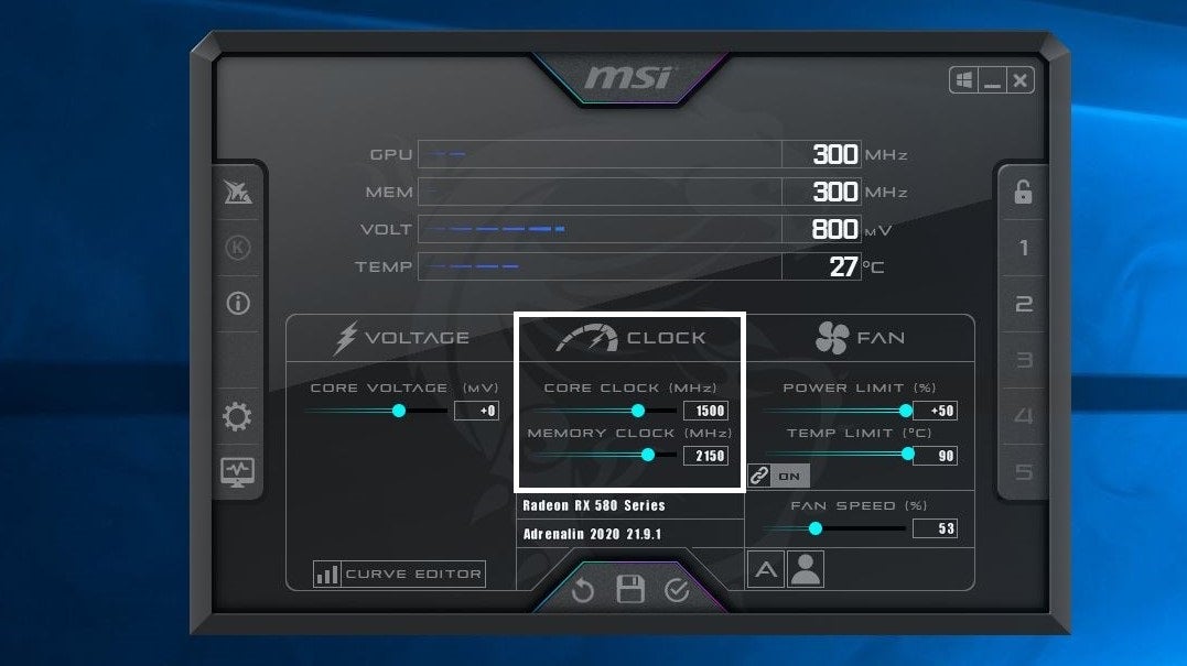 A screenshot of the MSI Afterburner software, highlighting the Core and Memory Clock Speed sliders.