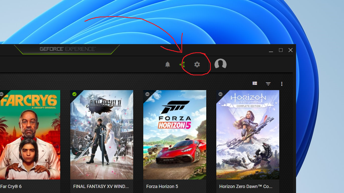 Снимок экрана Nvidia GeForce Experience с выделенным значком настроек.