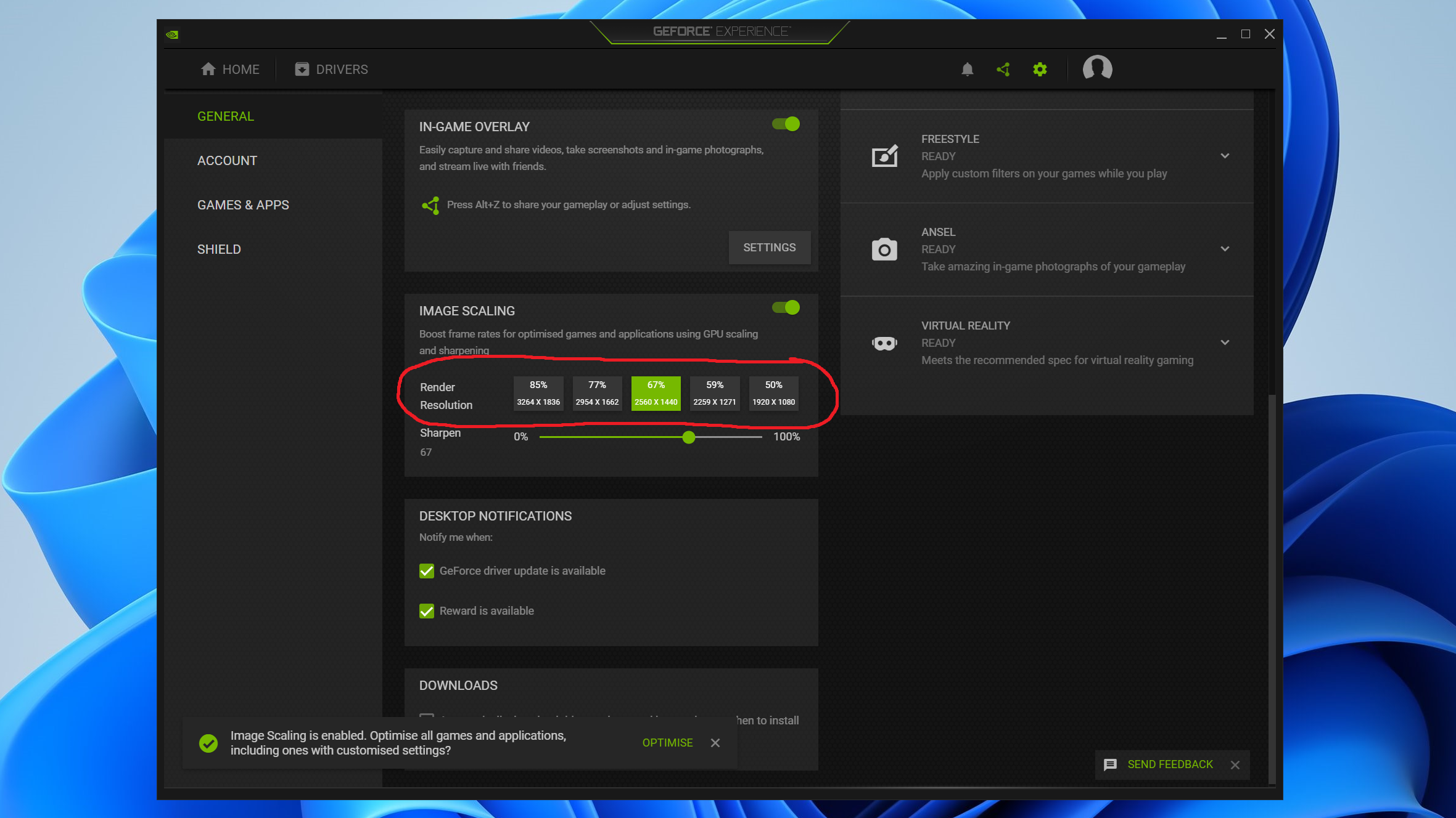 Снимок экрана Nvidia GeForce Experience с выделенными параметрами разрешения рендеринга масштабирования изображения.