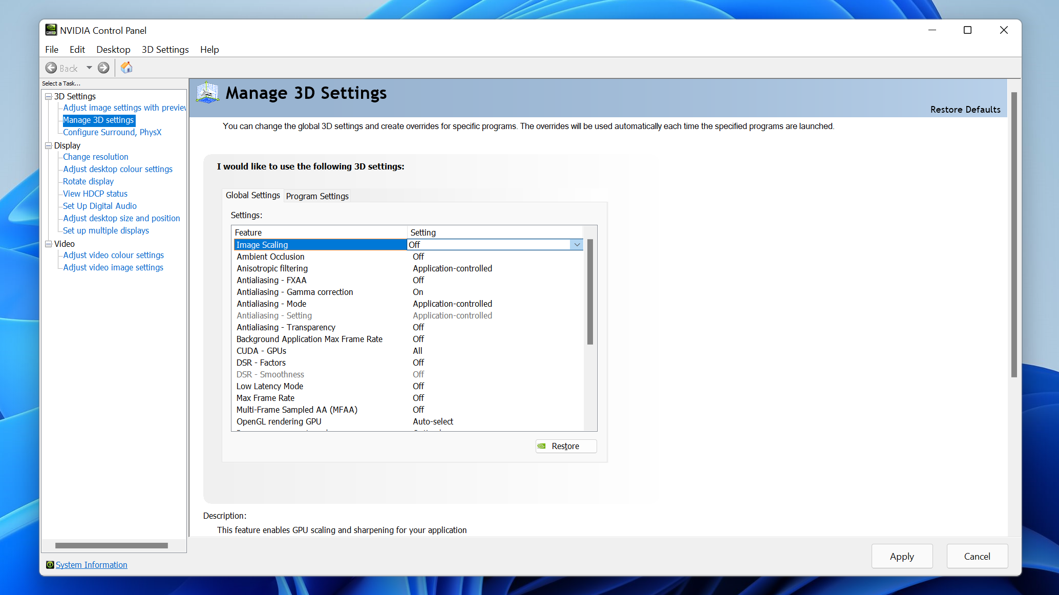 A screenshot of Nvidia Control Panel, showing where the Image Scaling setting is.