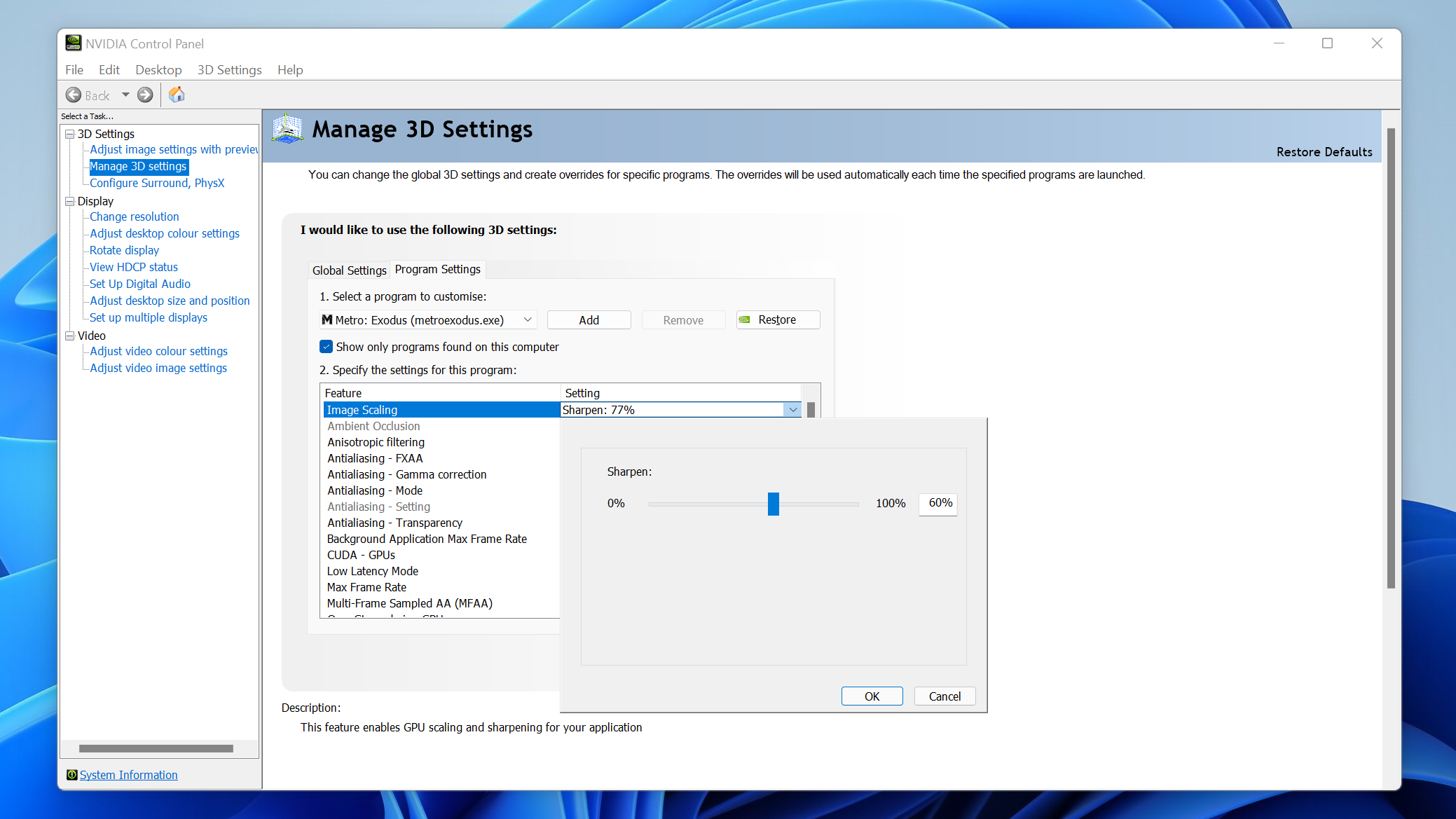 A screenshot of Nvidia Control Panel, showing how to change Image Scaling's sharpening setting on a per-game basis.