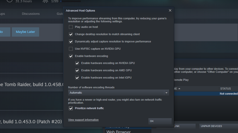 Step 2 of how to use Steam Remote Play on the Steam Deck: Customise the Advanced Host Options in the Remote Play section of your PC's Steam settings.