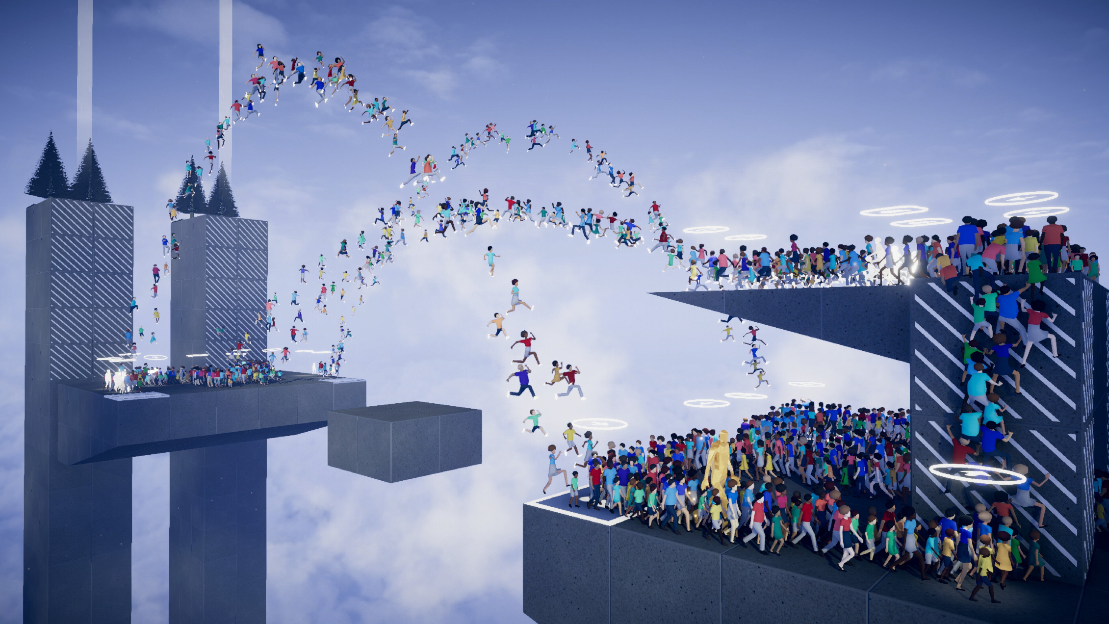 Swarms of people leap across greybox chasms in action puzzler Humanity.