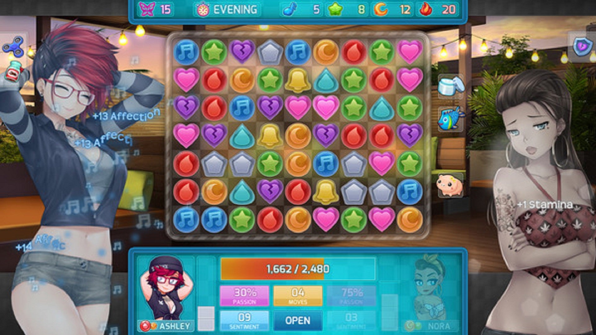 Two women stand either side of a jewel-filled match-three puzzle board in HuniePop 2