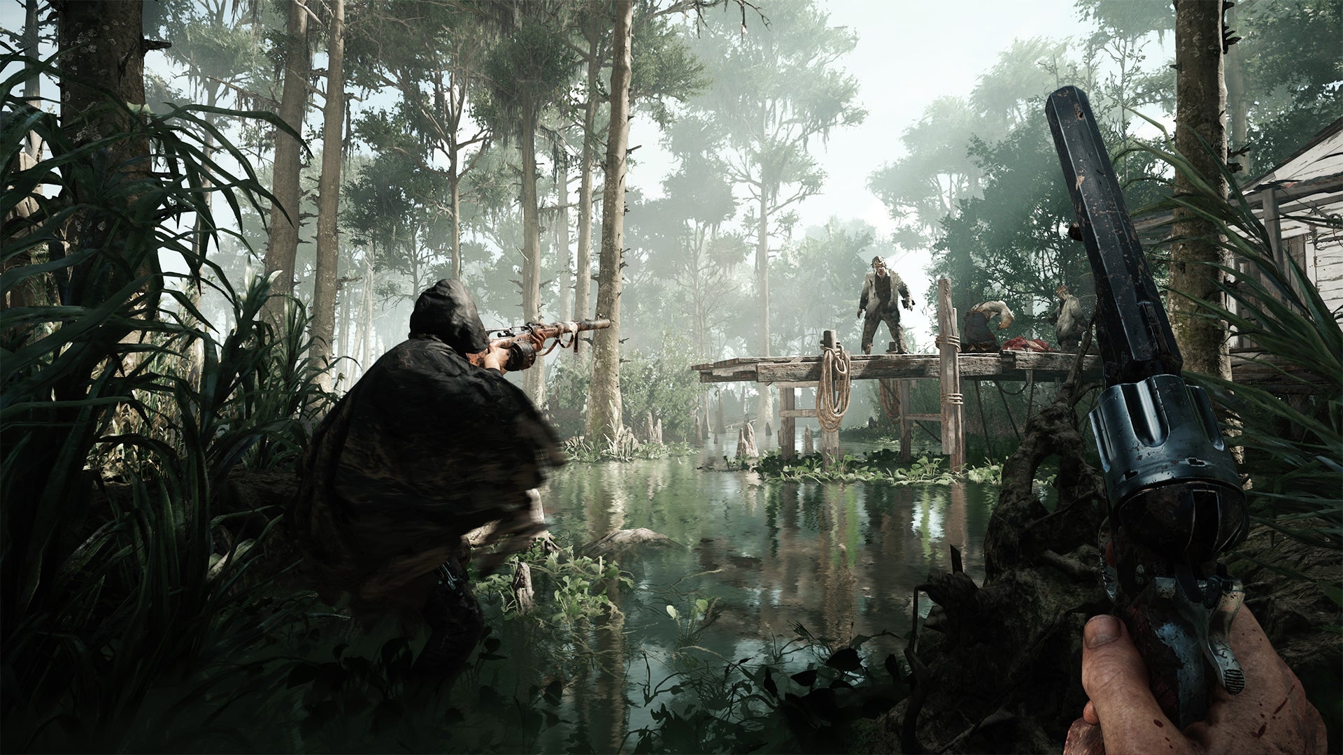 A Hunt: Showdown screenshot in which two players, waist-deep in swampwater, prepare to kill a Grunt standing on a pier in front of them.