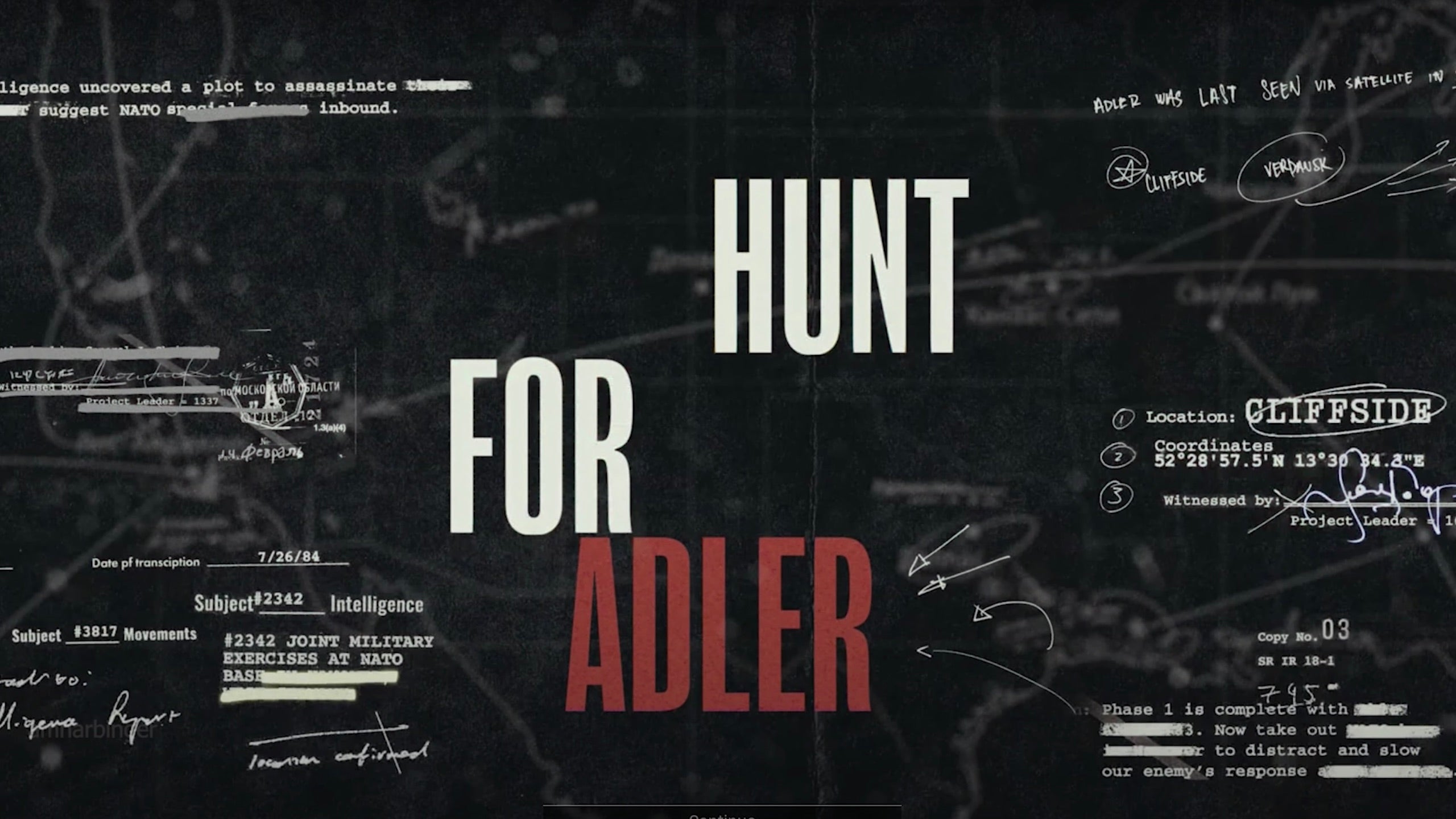 The words 'Hunt for Adler' on the background of a blueprint with intel about Adler's location.