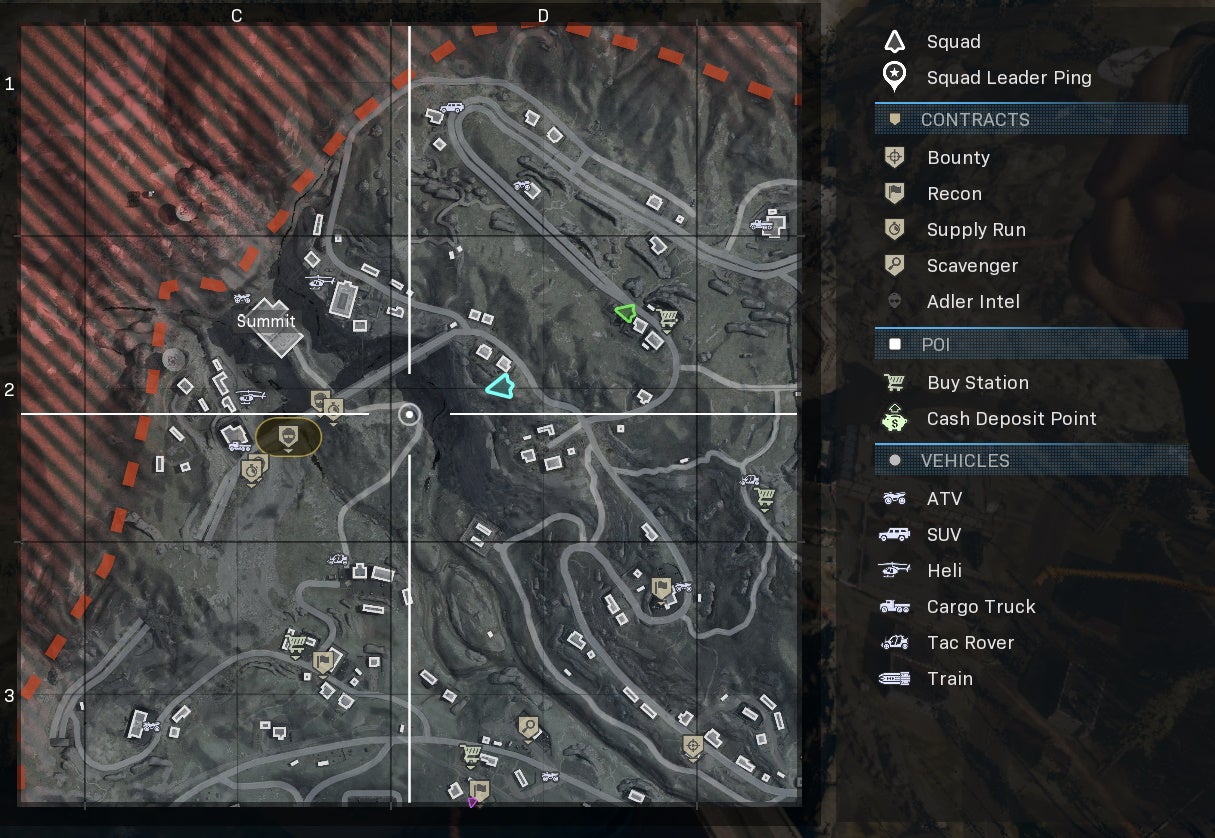 The Summit area of the Warzone map with an Adler contract highlighted.