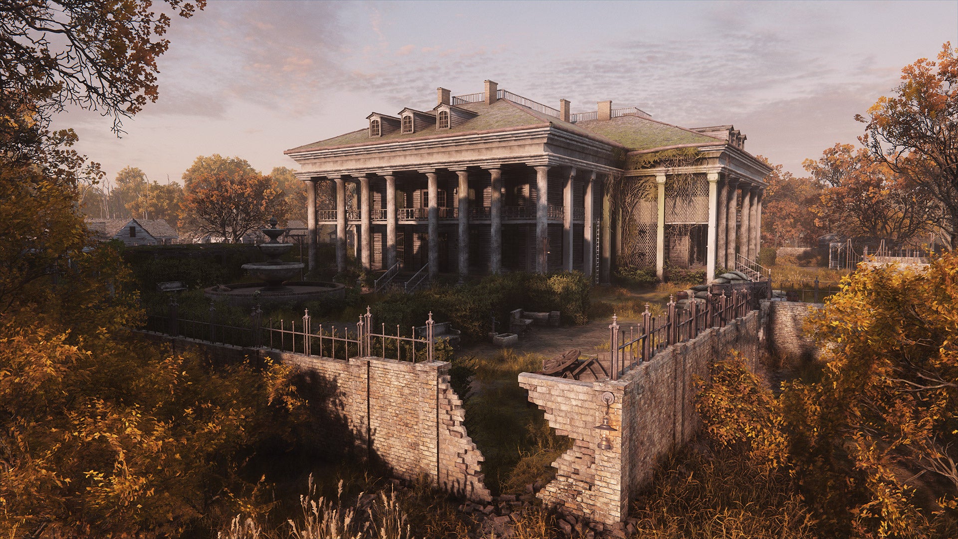 A screenshot of Hunt: Showdown's new map, De Salle, showing a large building with columns and an overgrown surrounding.