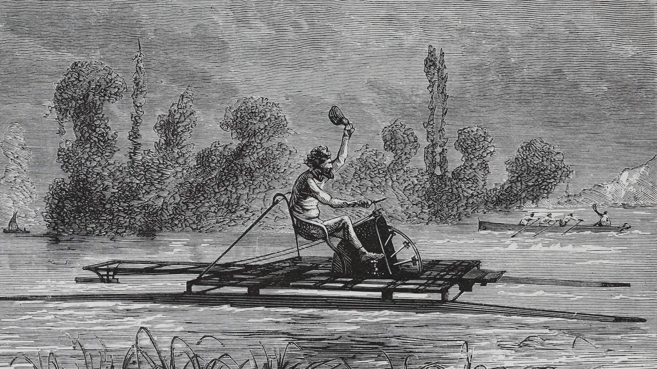 A black and white illustrated image of a man riding a hydrocycle on a lake, waving his hat in the wind