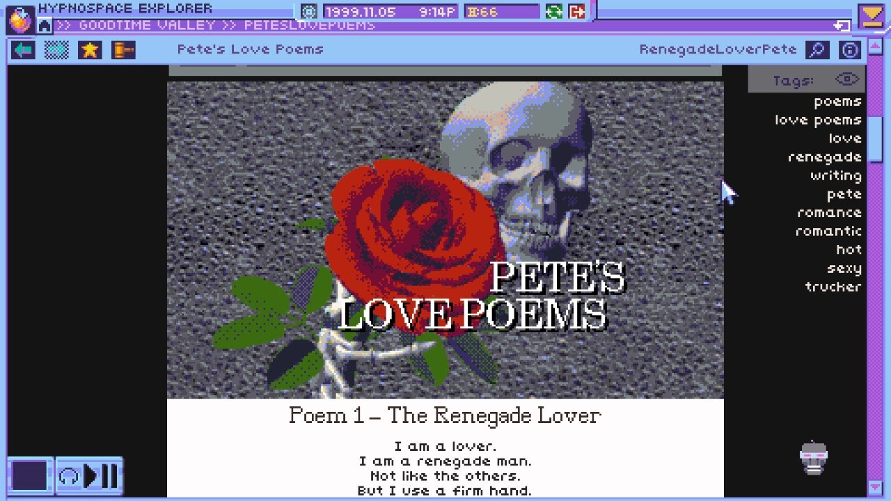 A blog of Pete's Love Poems in 90s web surf 'em up Hypnospace Outlaw
