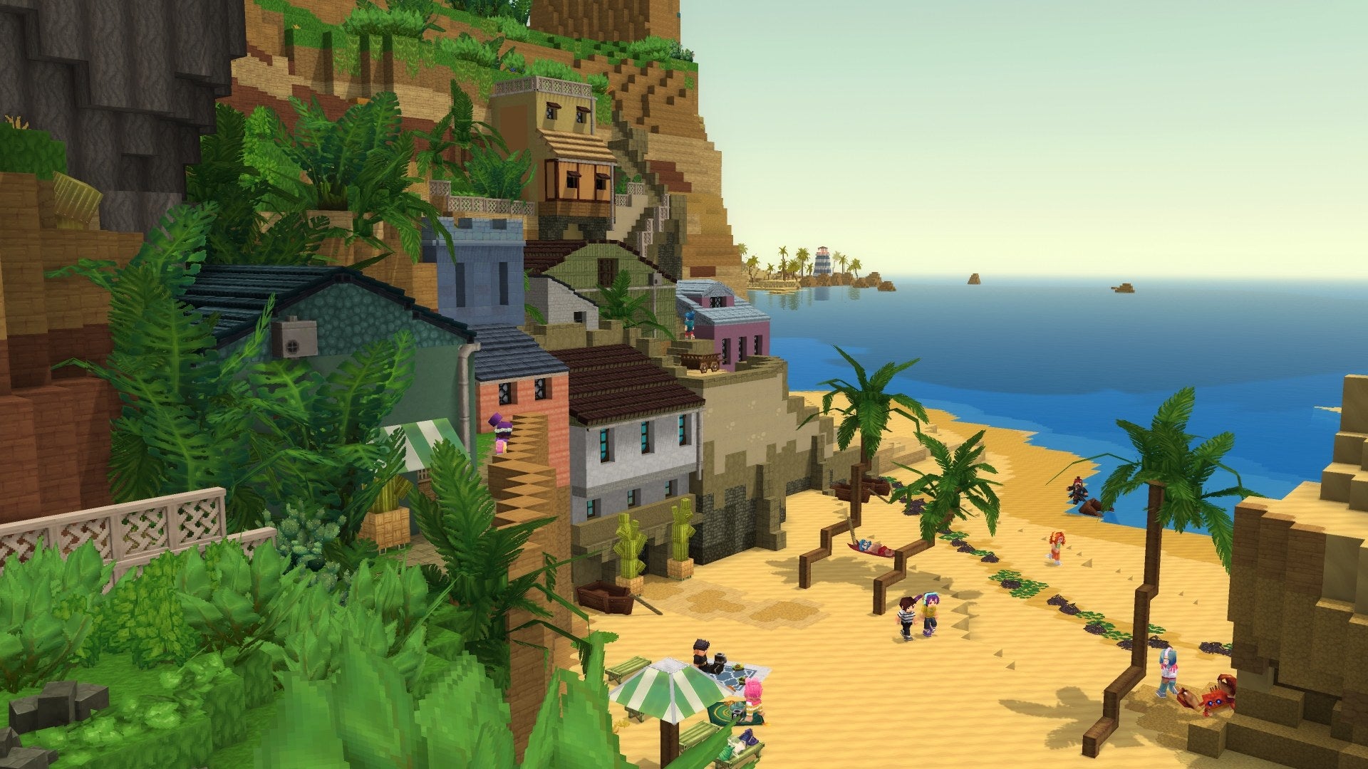A beach with homes built into a cliffside, all made out of blocks in Hytale.