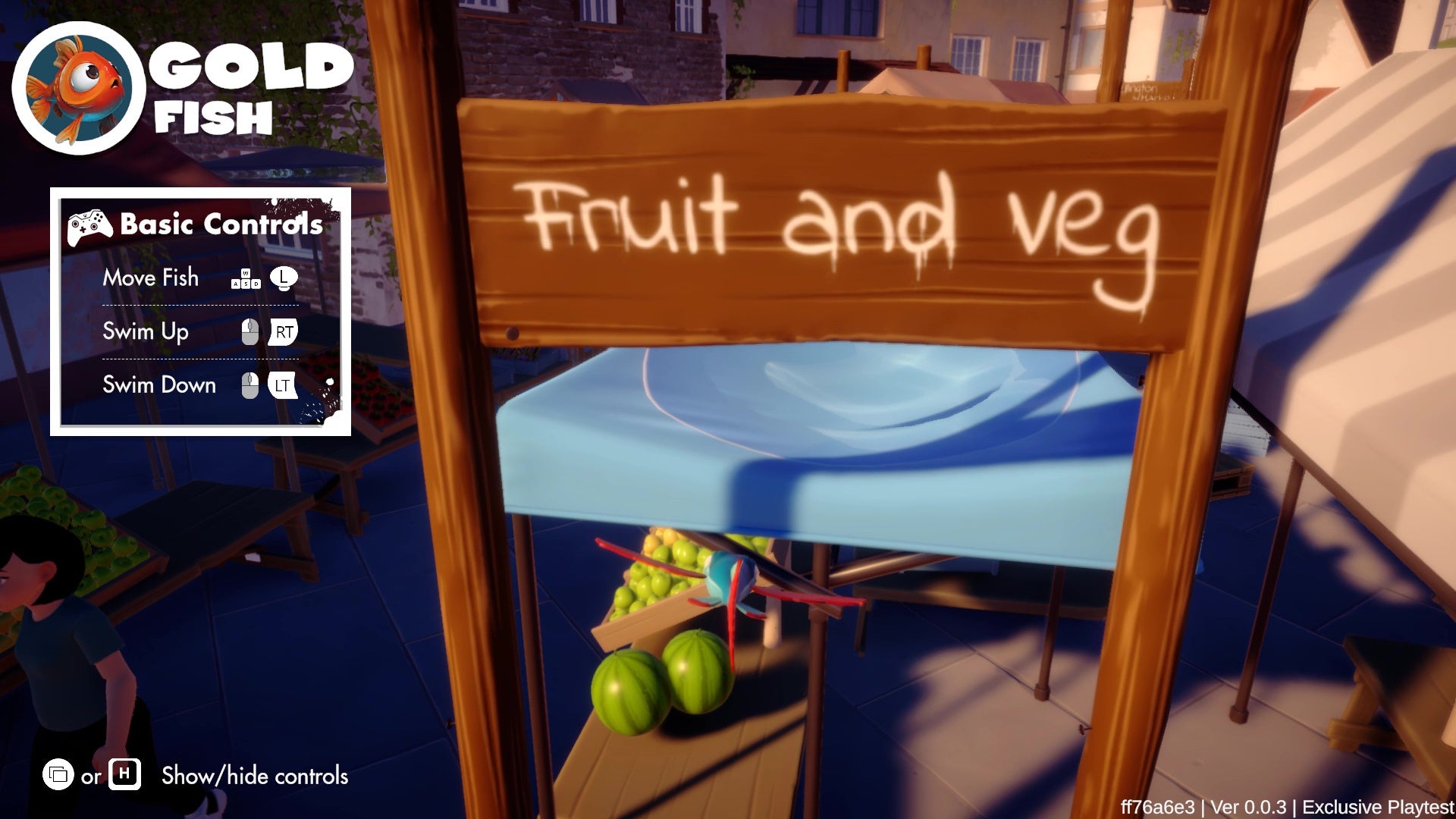 A flying fish attempts to glide under a "Fruit and Veg" sign in I Am Fish.