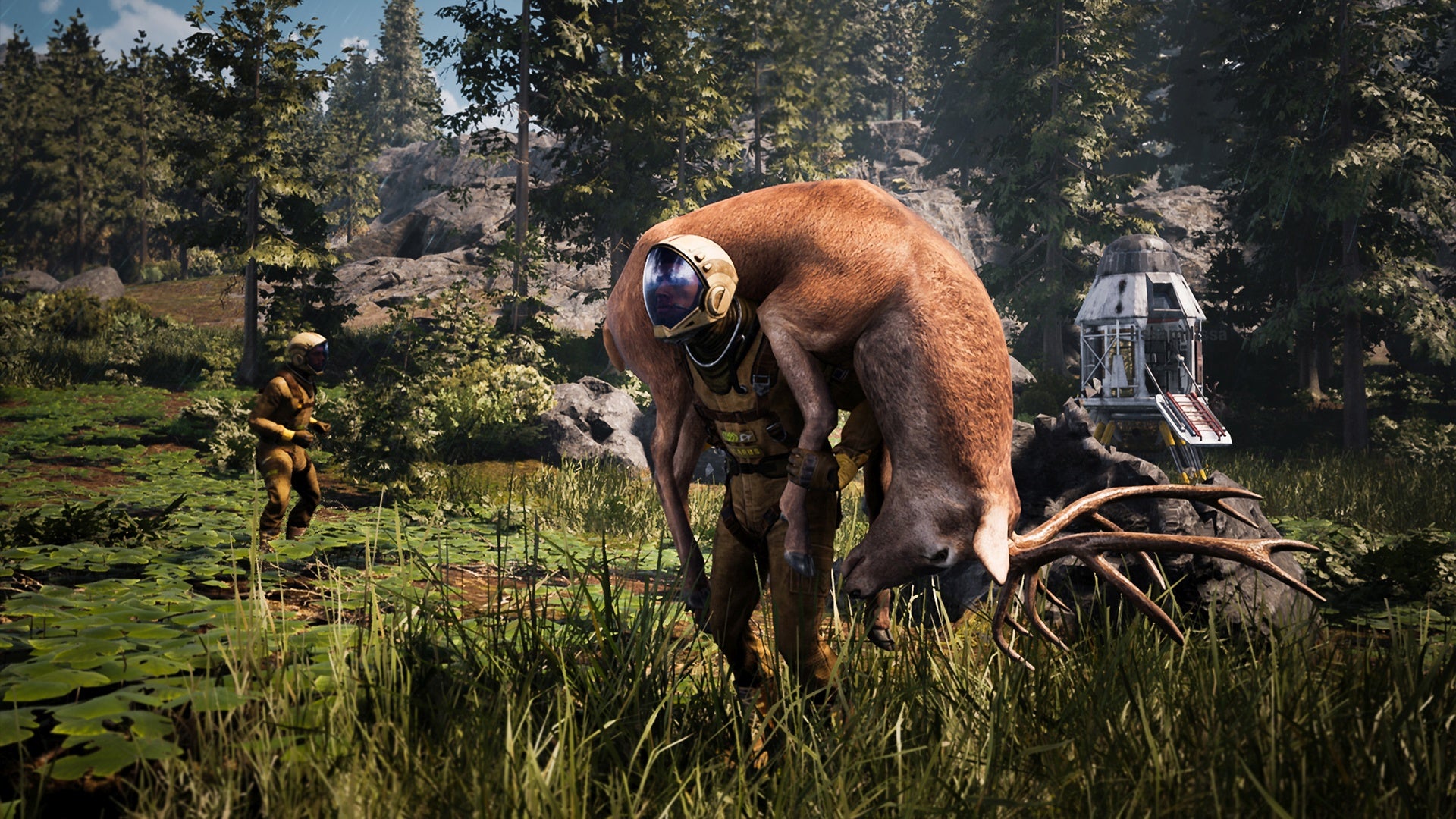 A screenshot of Icarus showing a man in a spacesuit carrying a deer on his shoulders, with a drop pod and a lot of trees in the background.