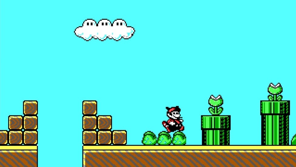 Id Software's unreleased demo for a Mario 3 PC port - Mario jumps in the air near a warp pipe with a piranha plant in it.