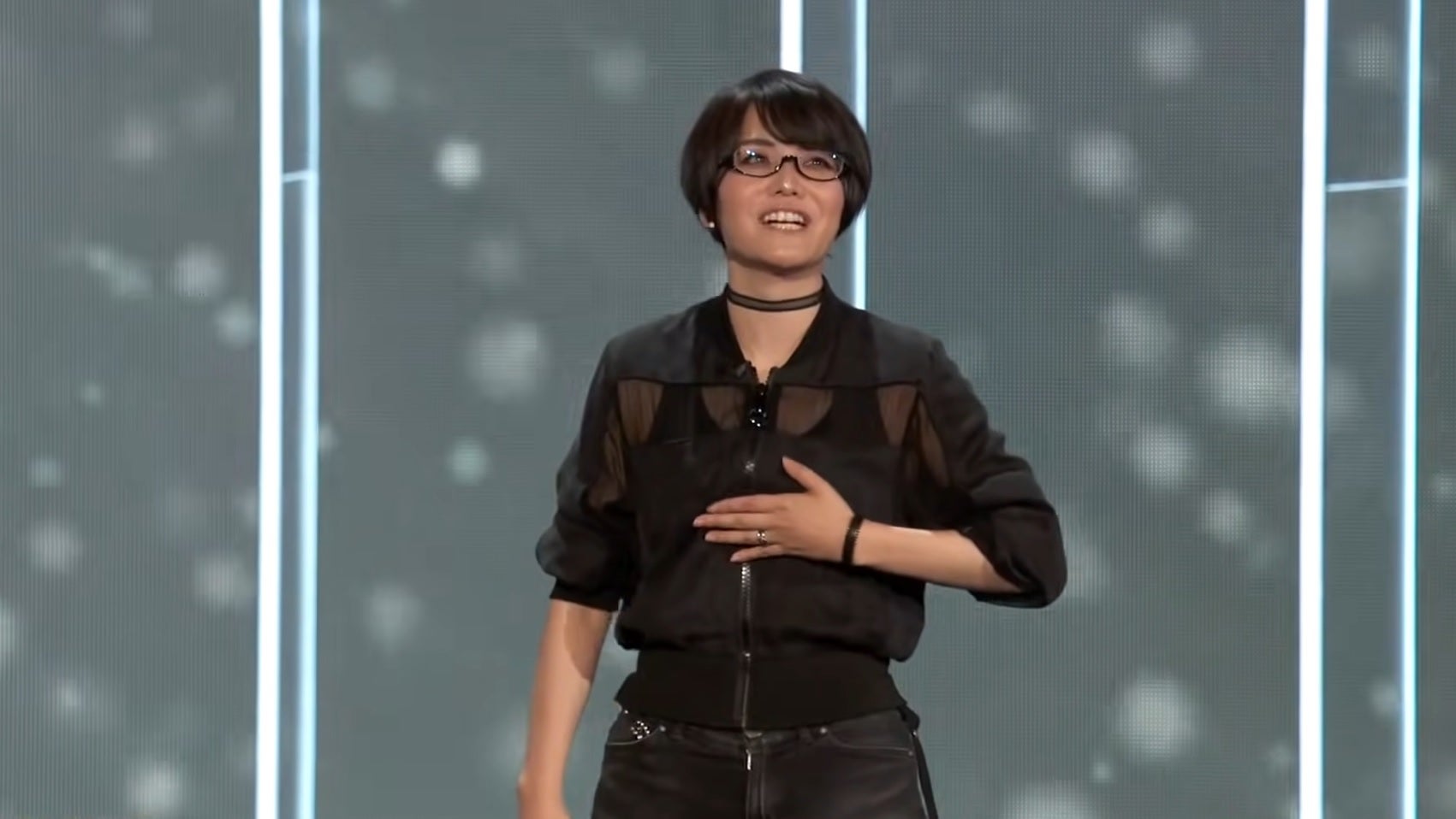 Ikumi Nakamura presenting Ghostwire: Tokyo during Bethesda's show at E3 2019.
