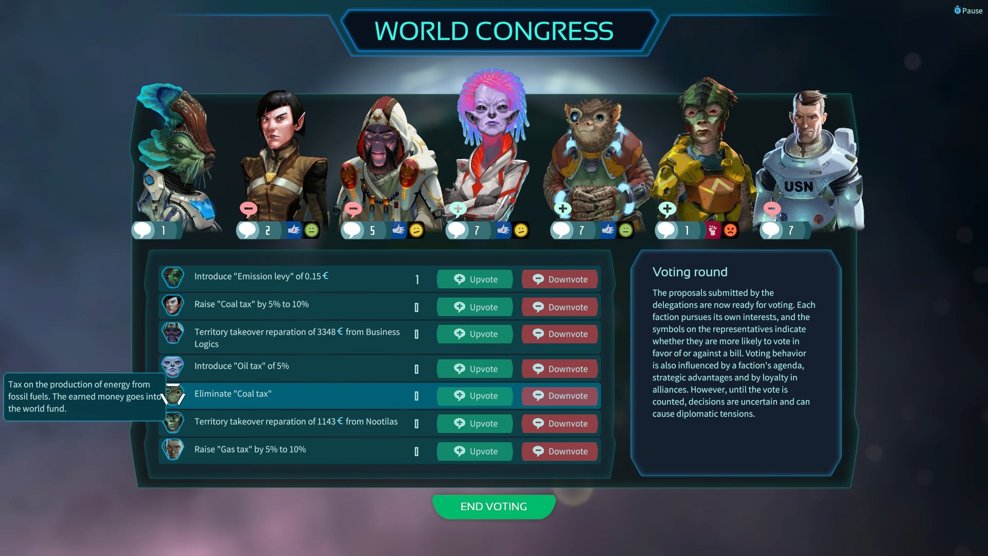 A screenshot of the assembled planetary congress in Imagine Earth