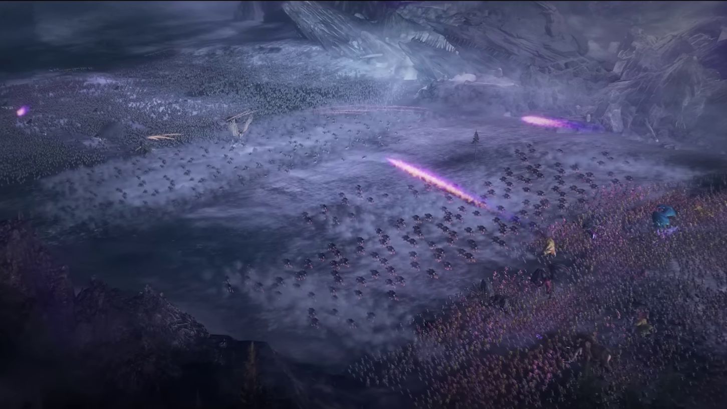A wide shot of two huge armies racing towards one another in the cinematic trailer for Total War Warhammer 3's Immortal Empires
