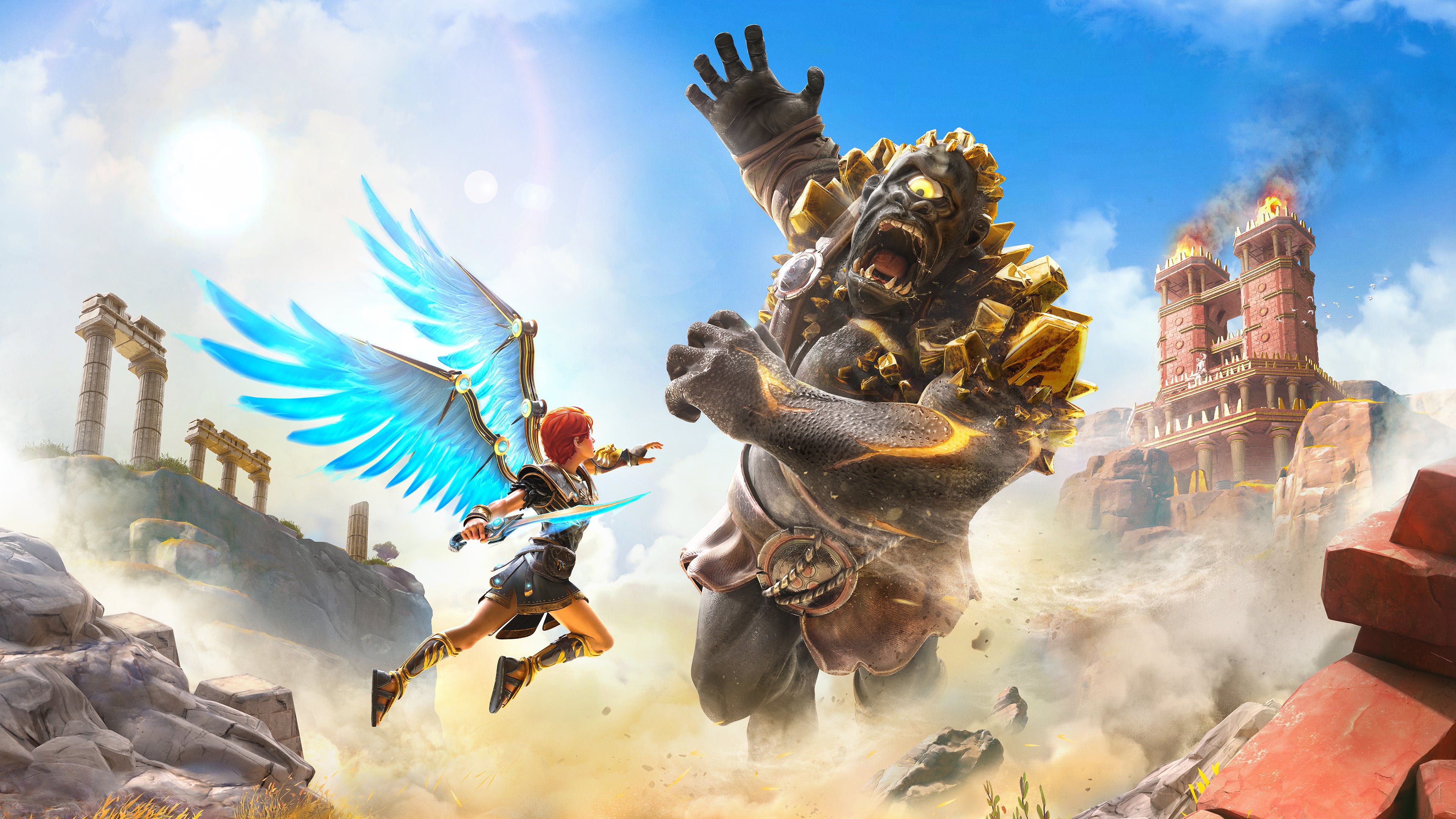 Fenyx faces off against a giant Cyclops in Immortals Fenyx Rising.