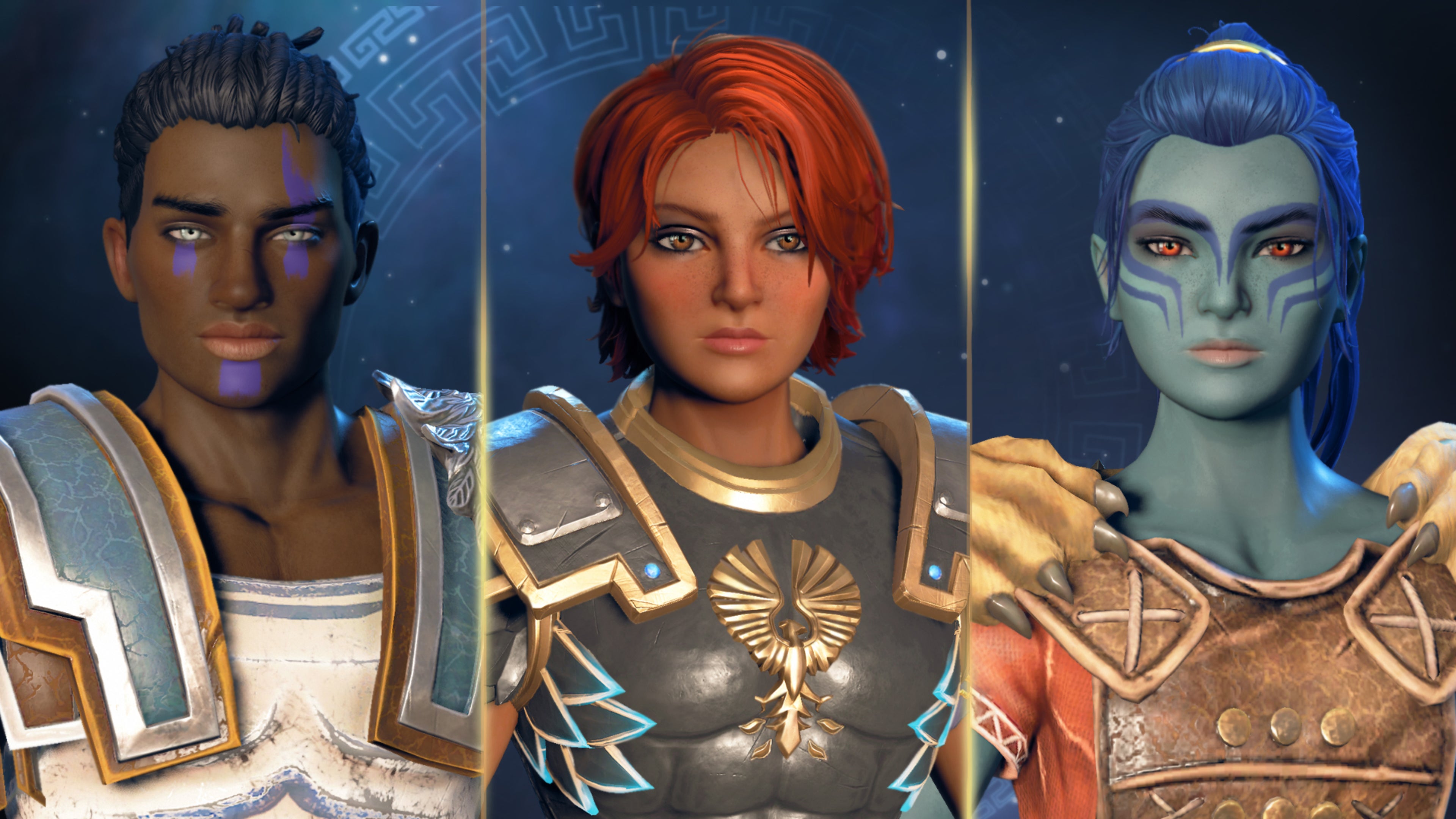 Three possible faces you can create for Fenyx in the Immortals Fenyx Rising character customisation menu.