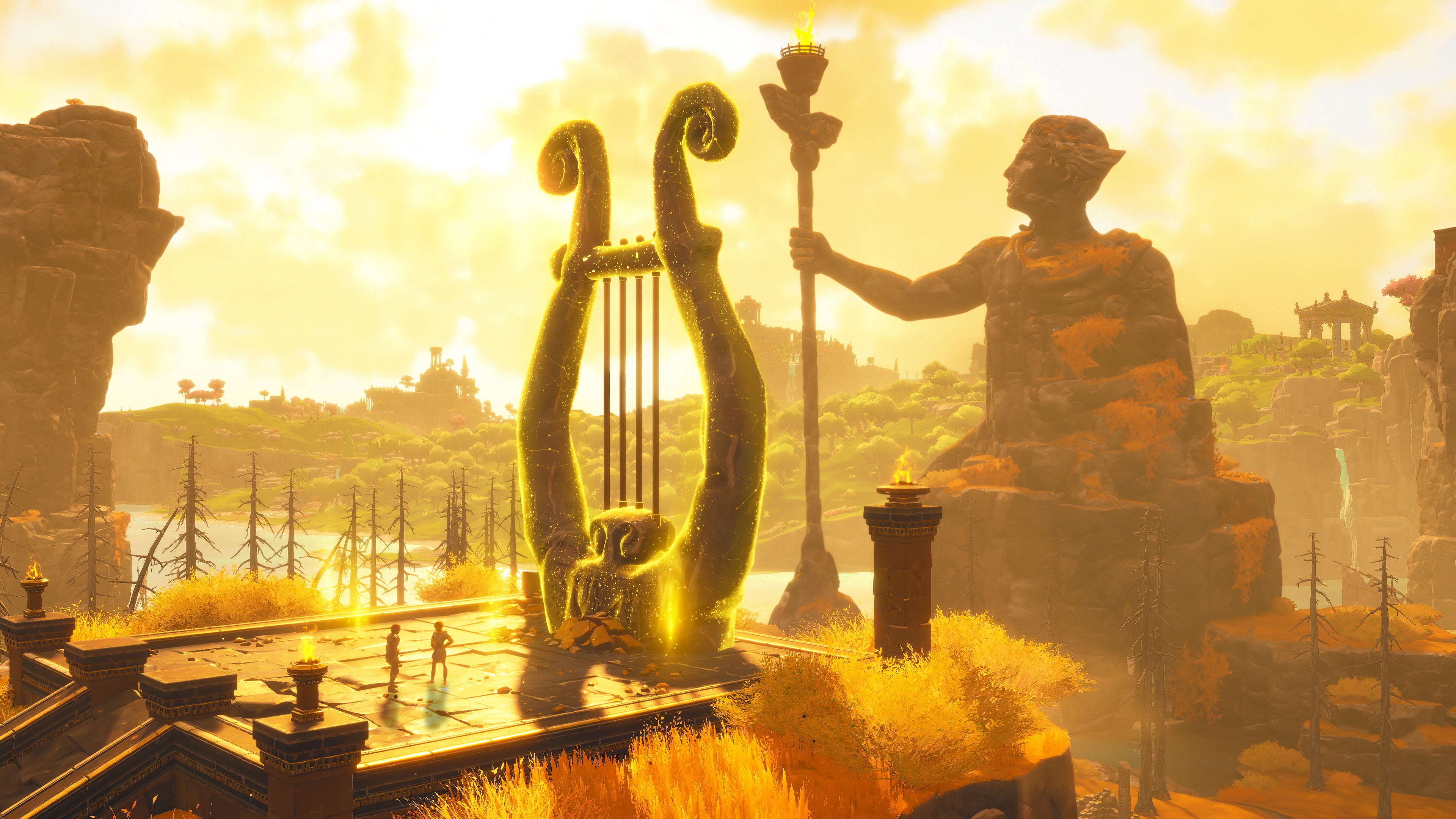 A giant harp statue in Immortals Fenyx Rising, surrounded by other humanoid statues.