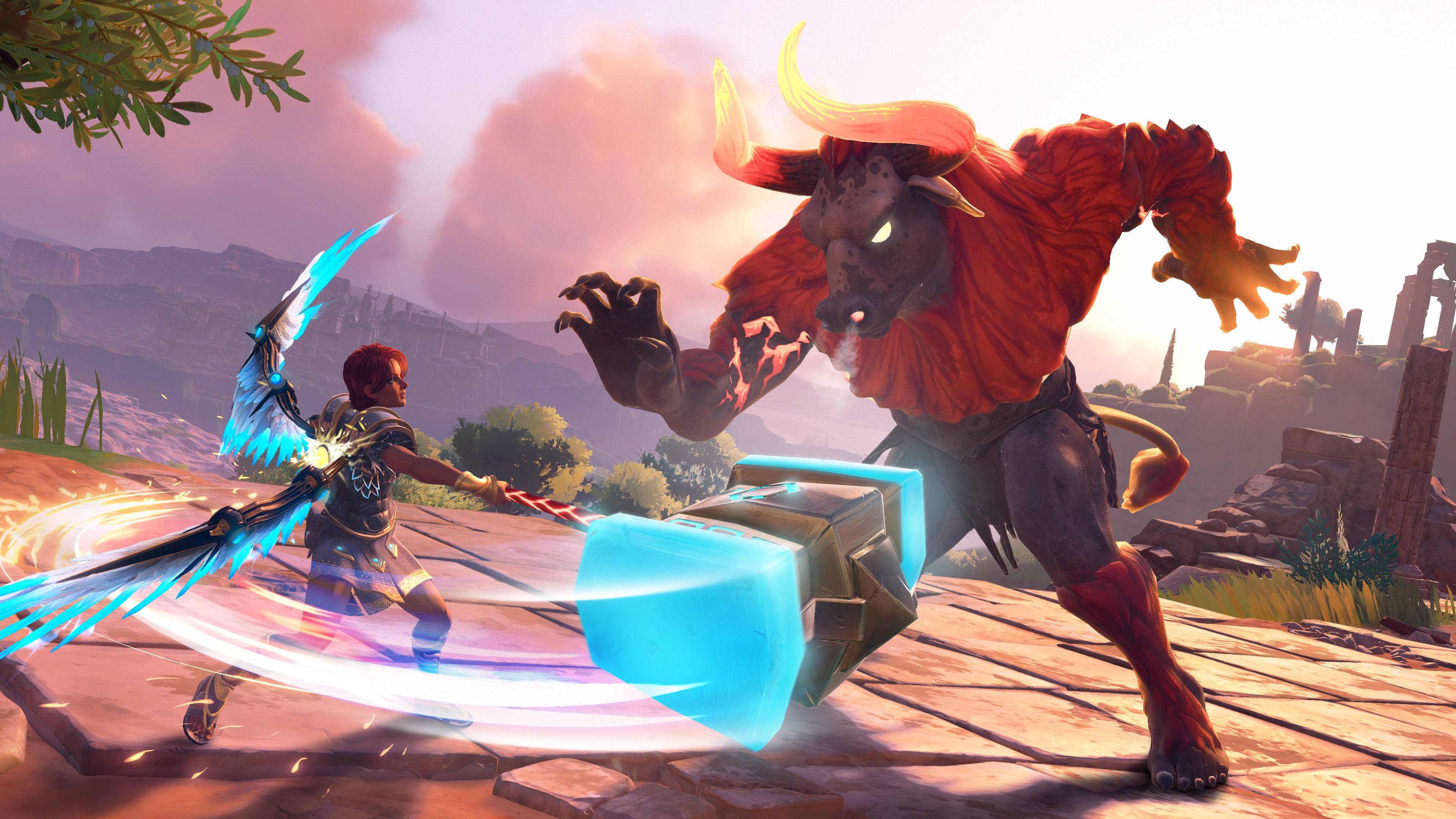Fenyx uses her hammer against a minotaur in Immortals Fenyx Rising.