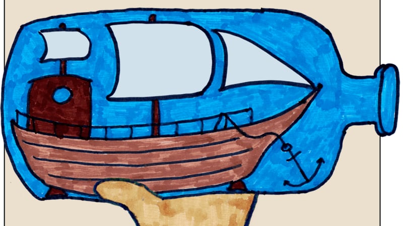 The logo art for The Impossible Bottle - a hand holding a ship in a bottle aloft, in felt tip pen