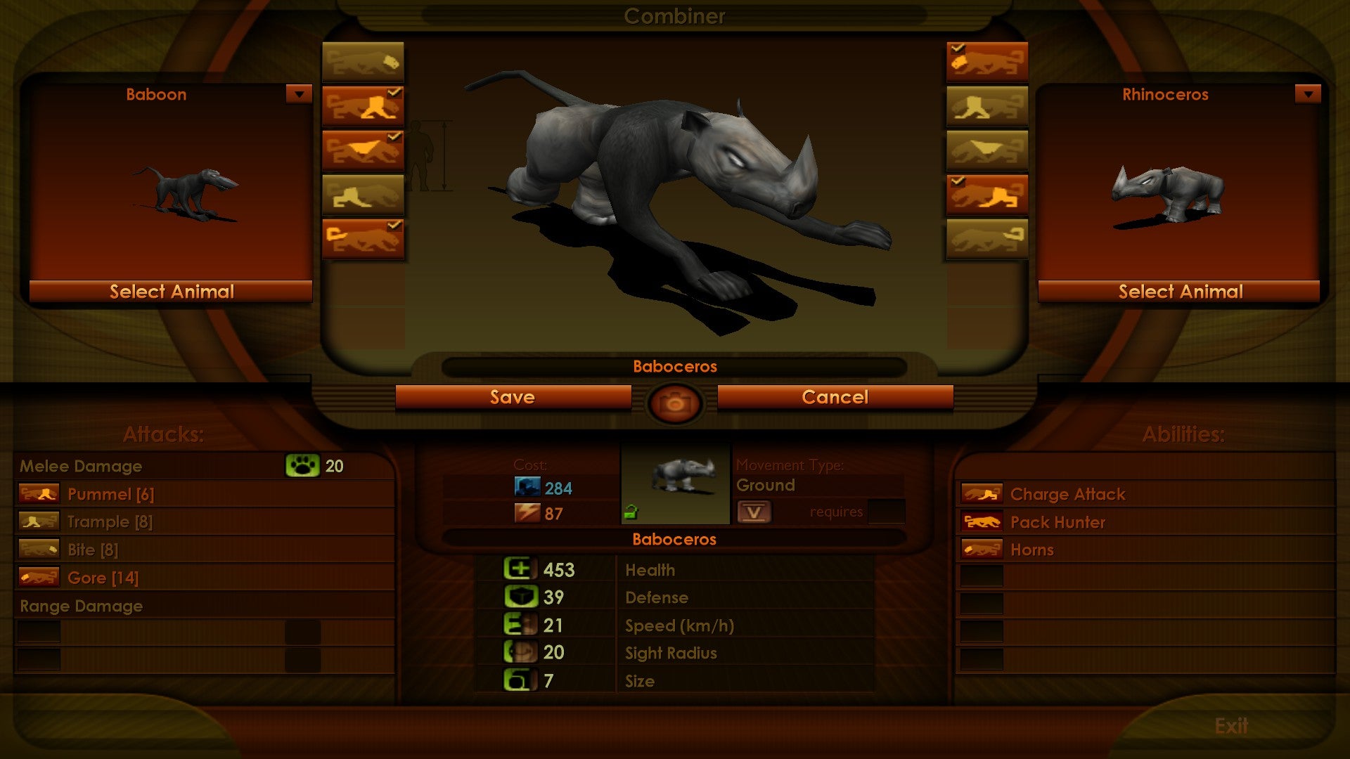 The creature creator screen in Impossible Creatures, showcasing a hybrid between a Baboon and a Rhino.