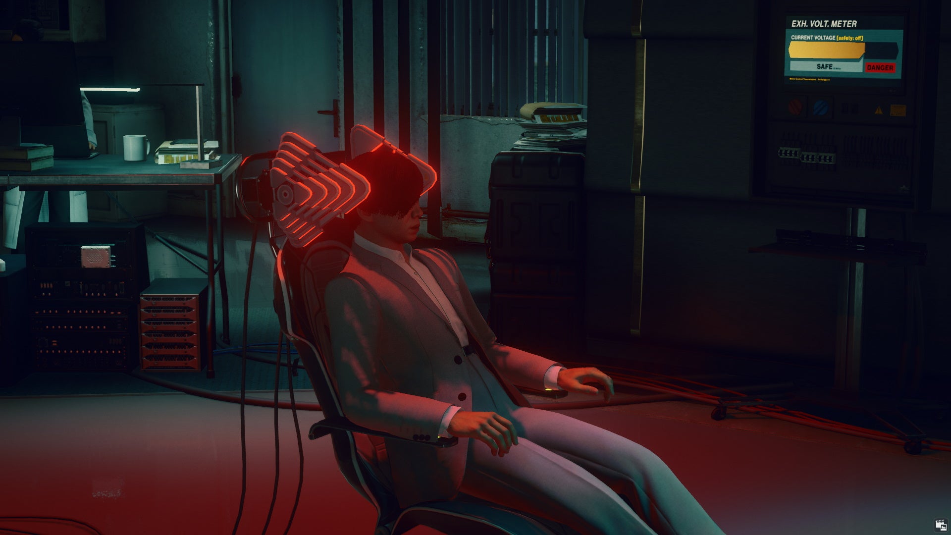 Hush sits in his chair in the Hitman 3 Impulse Control mission.