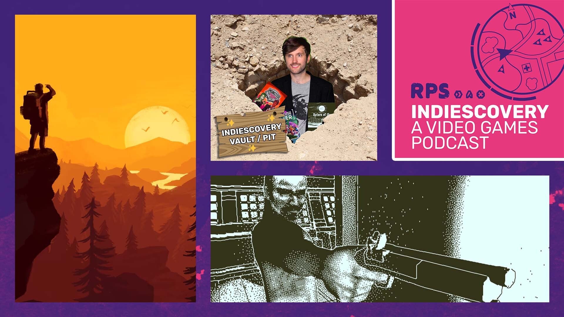 Indiescovery episode 5 header image featuring Firewatch, Return of the Obra Dinn, and Liam in a mud pit