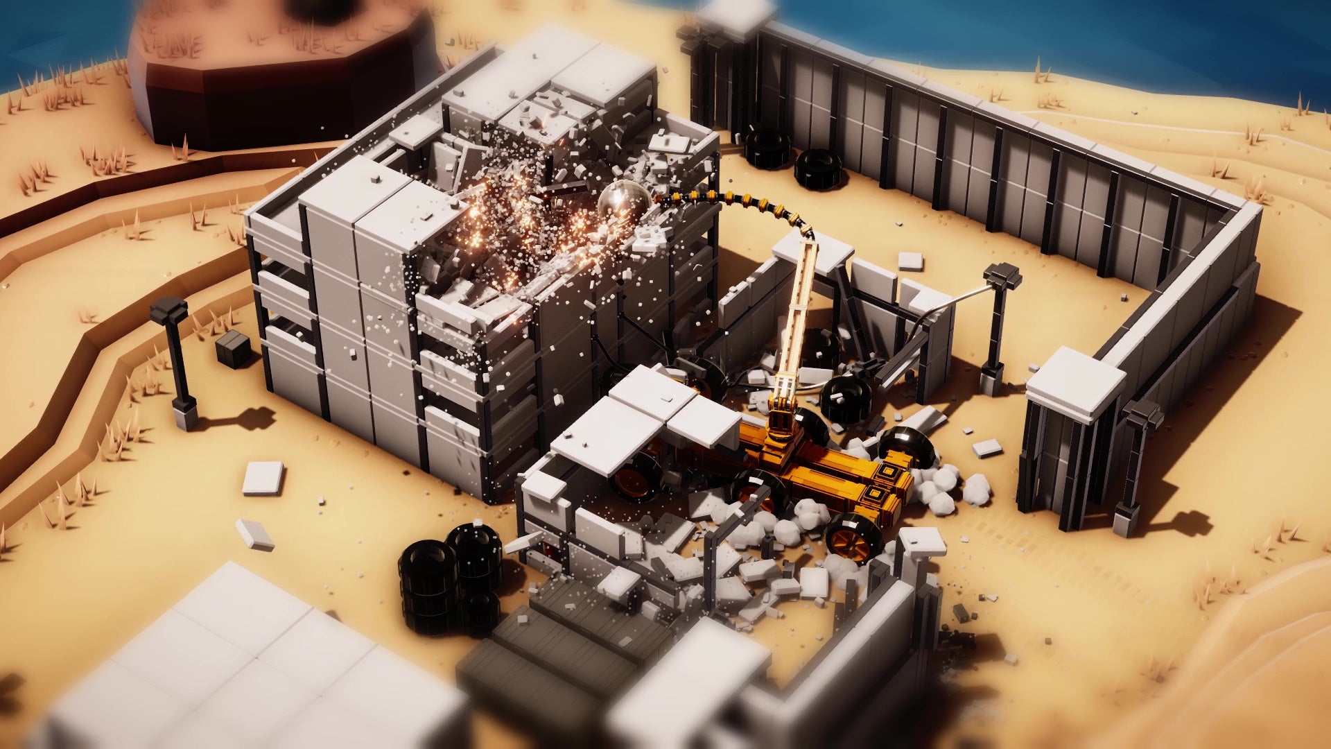 A screenshot from Instruments Of Destruction which shows a wrecking ball bulldozer smashing up some buildings.