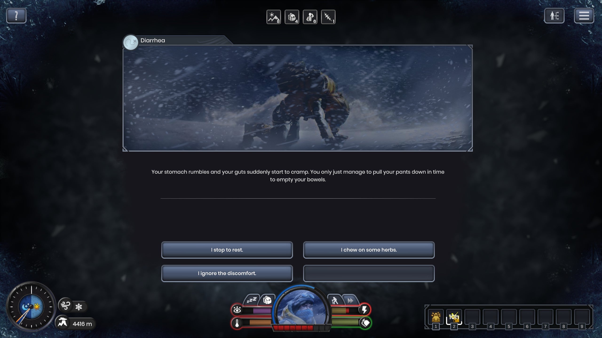 A screenshot of Insurmountable, showing a narrative event in which the player experiences diarrhoea on the mountainside.