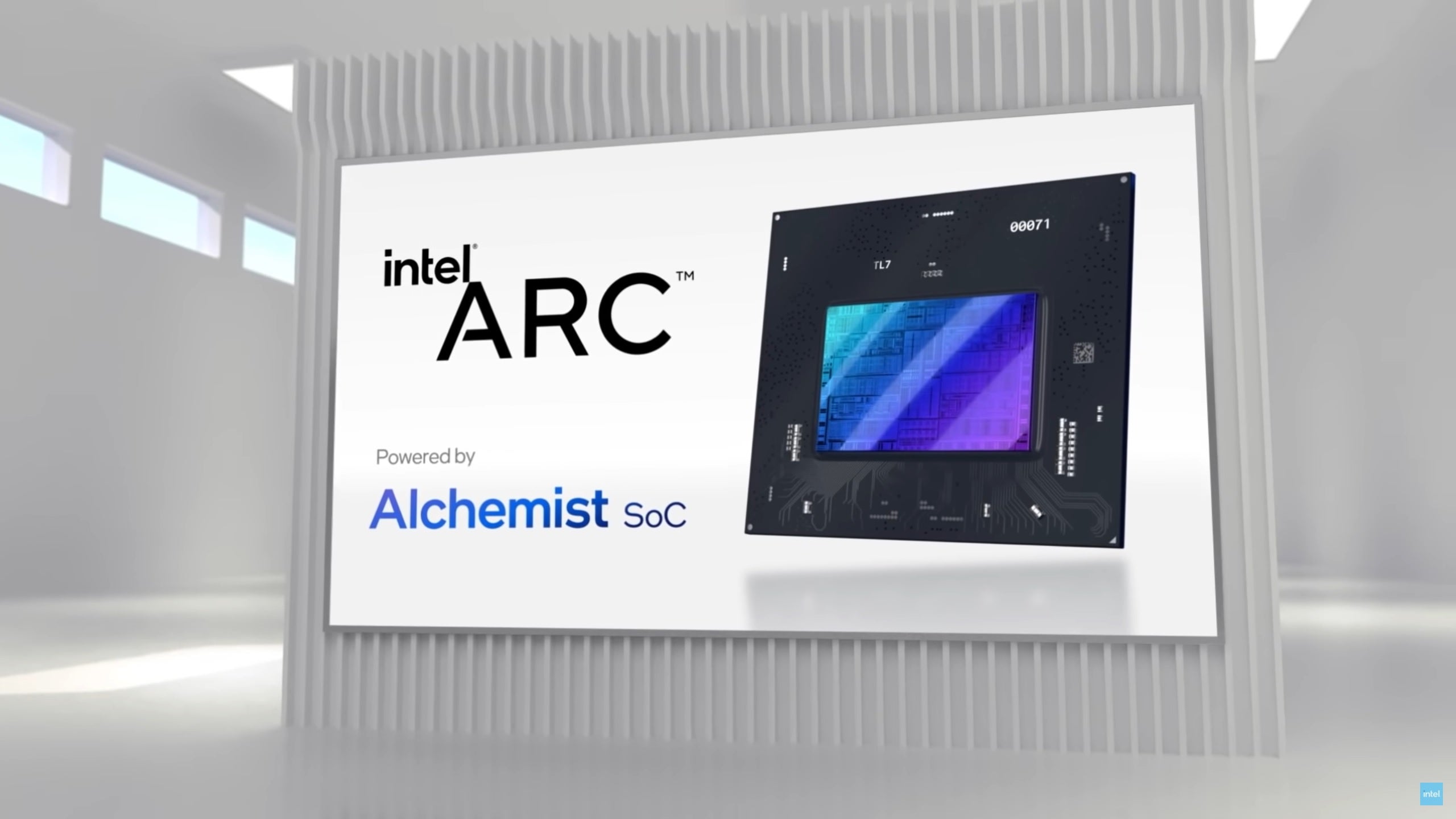 A promotional image of Intel's Alchemist-based Arc GPU.