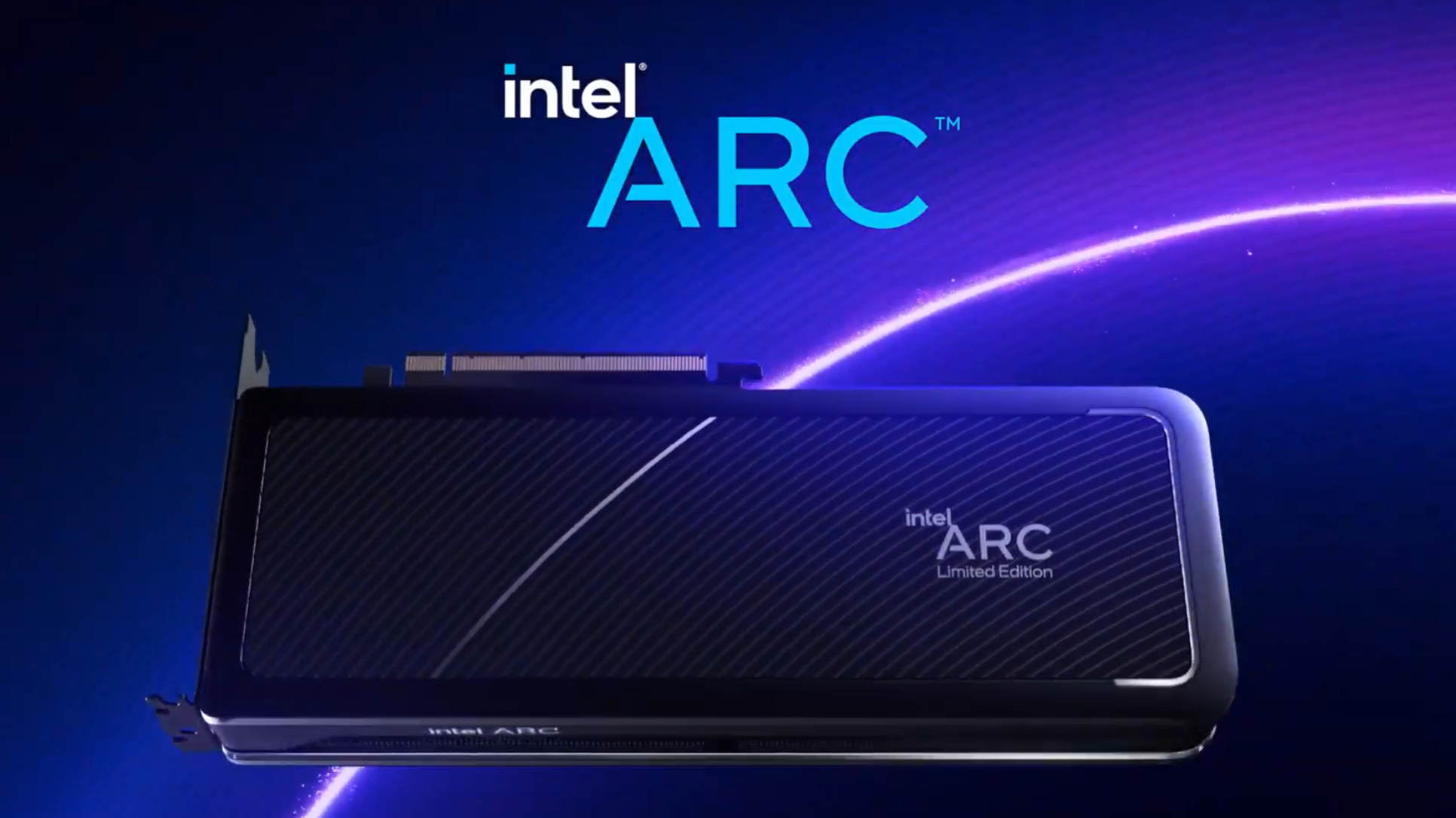 The first Intel Arc desktop graphics card reveal. The card floats against a blue background.