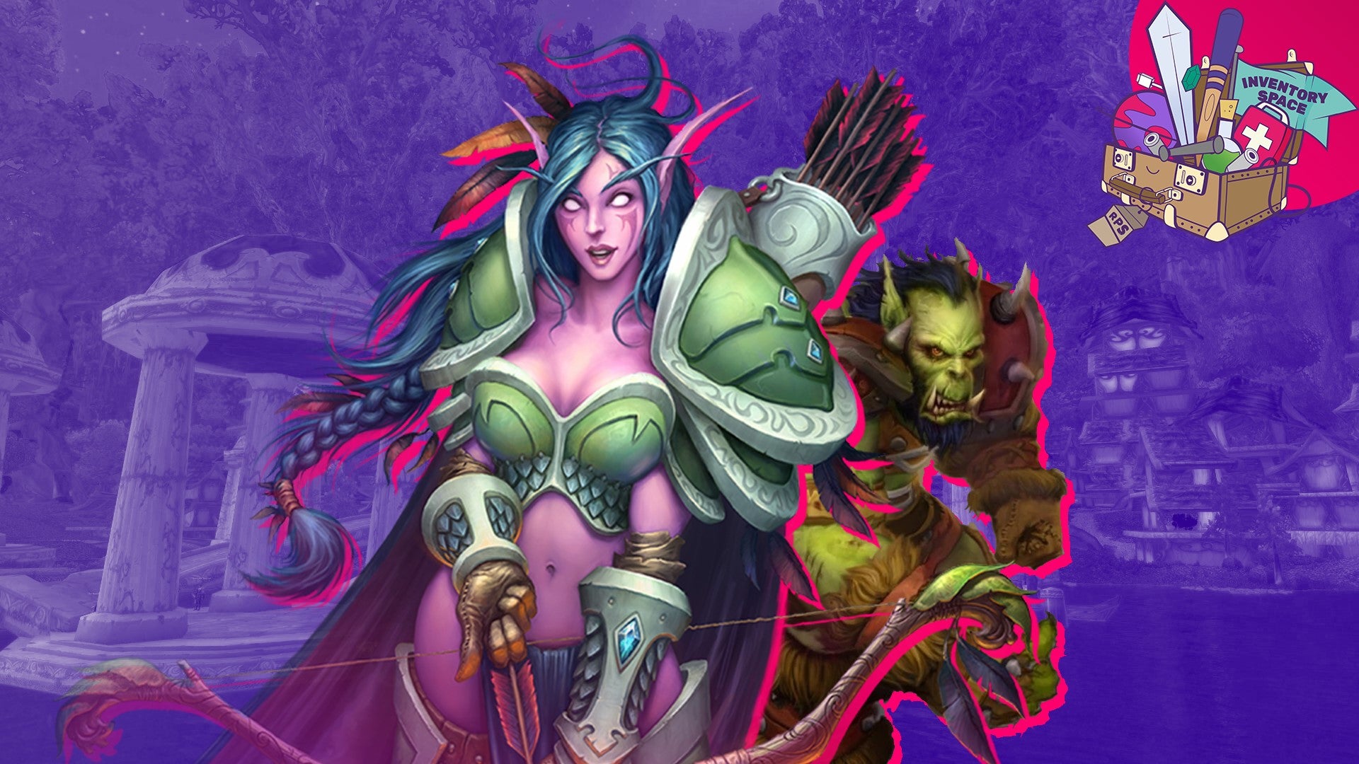 A header for the World Of Warcraft episode of Inventory Space, which has the IS logo in the top right corner and a Night Elf archer and Orc at its centre.