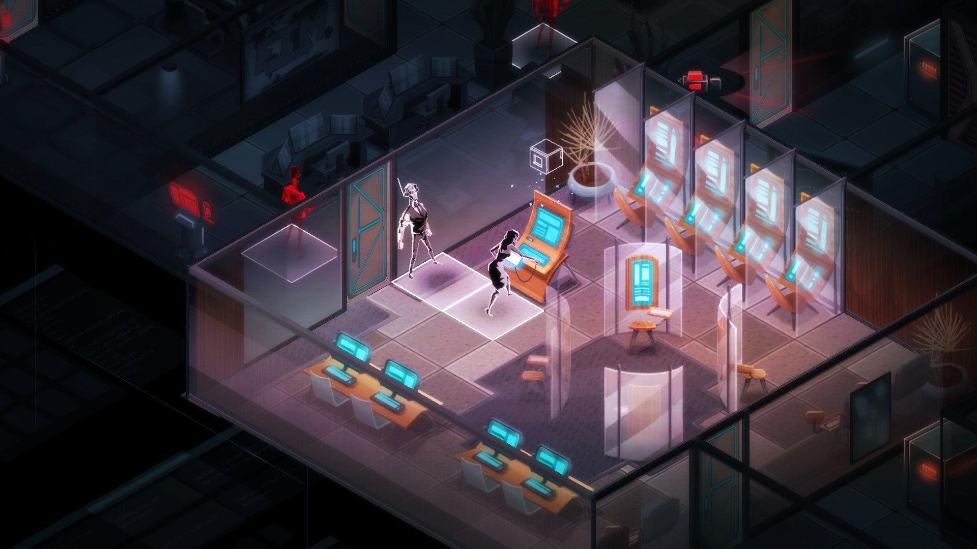 A woman hacks into a terminal in Invisible Inc