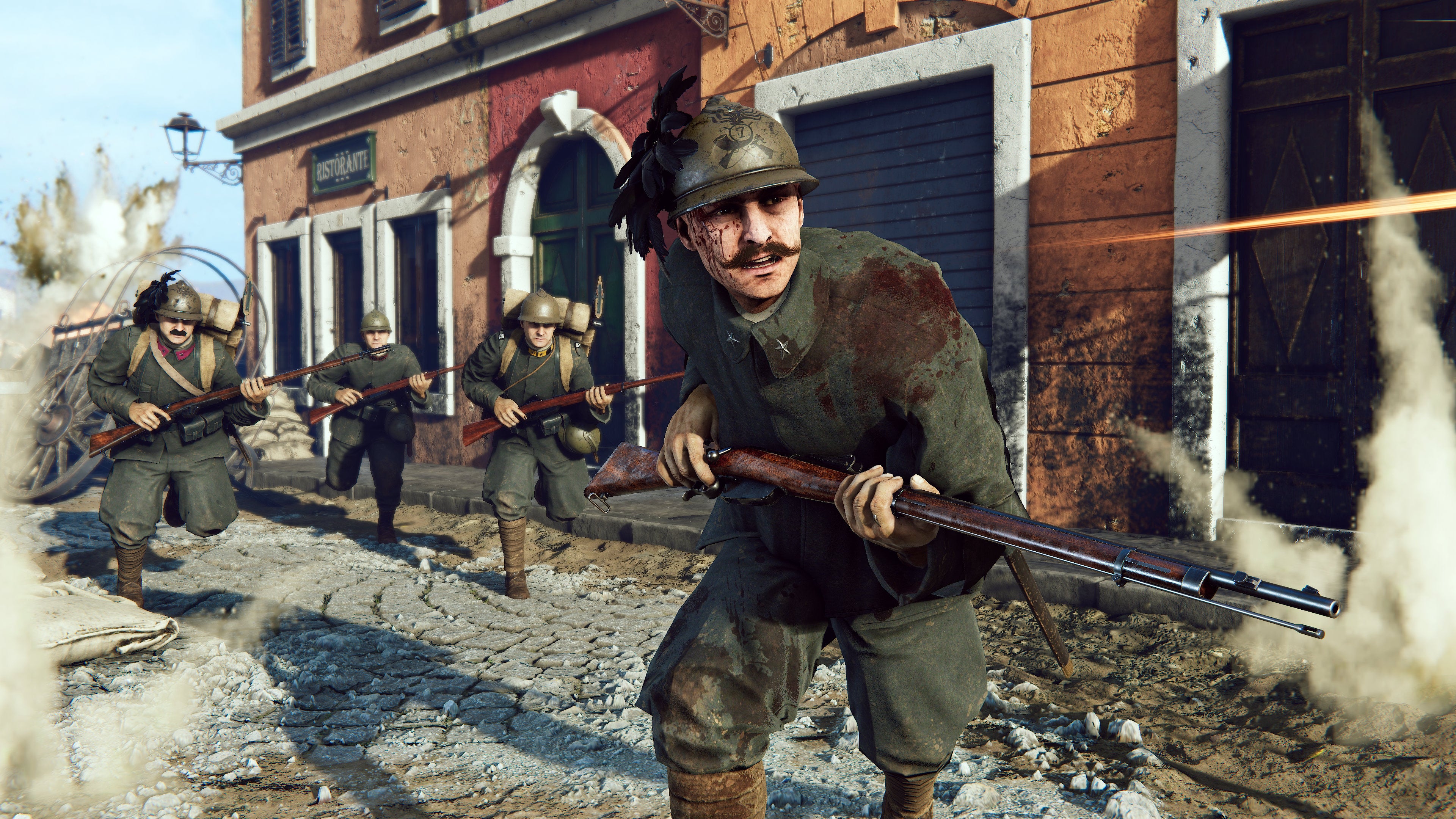 Soldiers under fire in a town in an Isonzo screenshot.