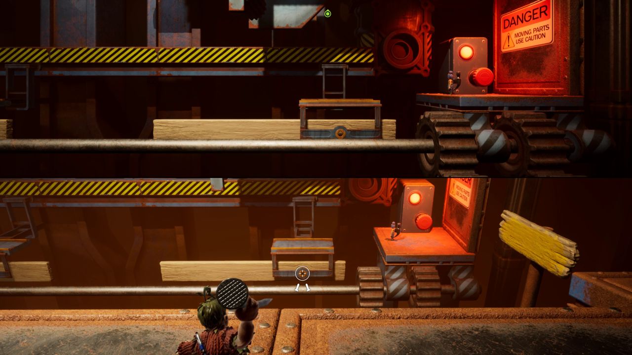 Some co-op platforming in It Takes Two. On the top half of the screen, May is waiting to time her jump onto a moving saw platform in a workshop. On the bottom half, Cody is aiming to throw a nail at the platform and pin it in place for May.