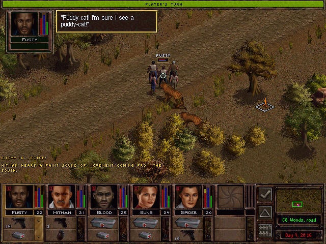 A group of humans spy two tigers in Jagged Alliance 2