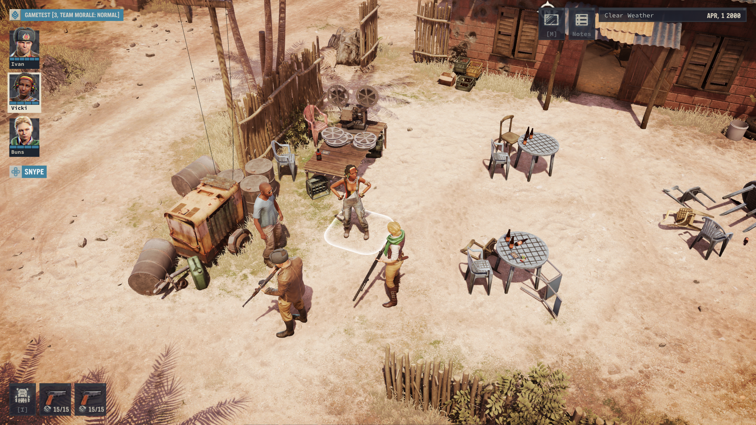 A screenshot of Jagged Alliance 3 showing three mercenaries standing in a dusty environment, next to an NPC.